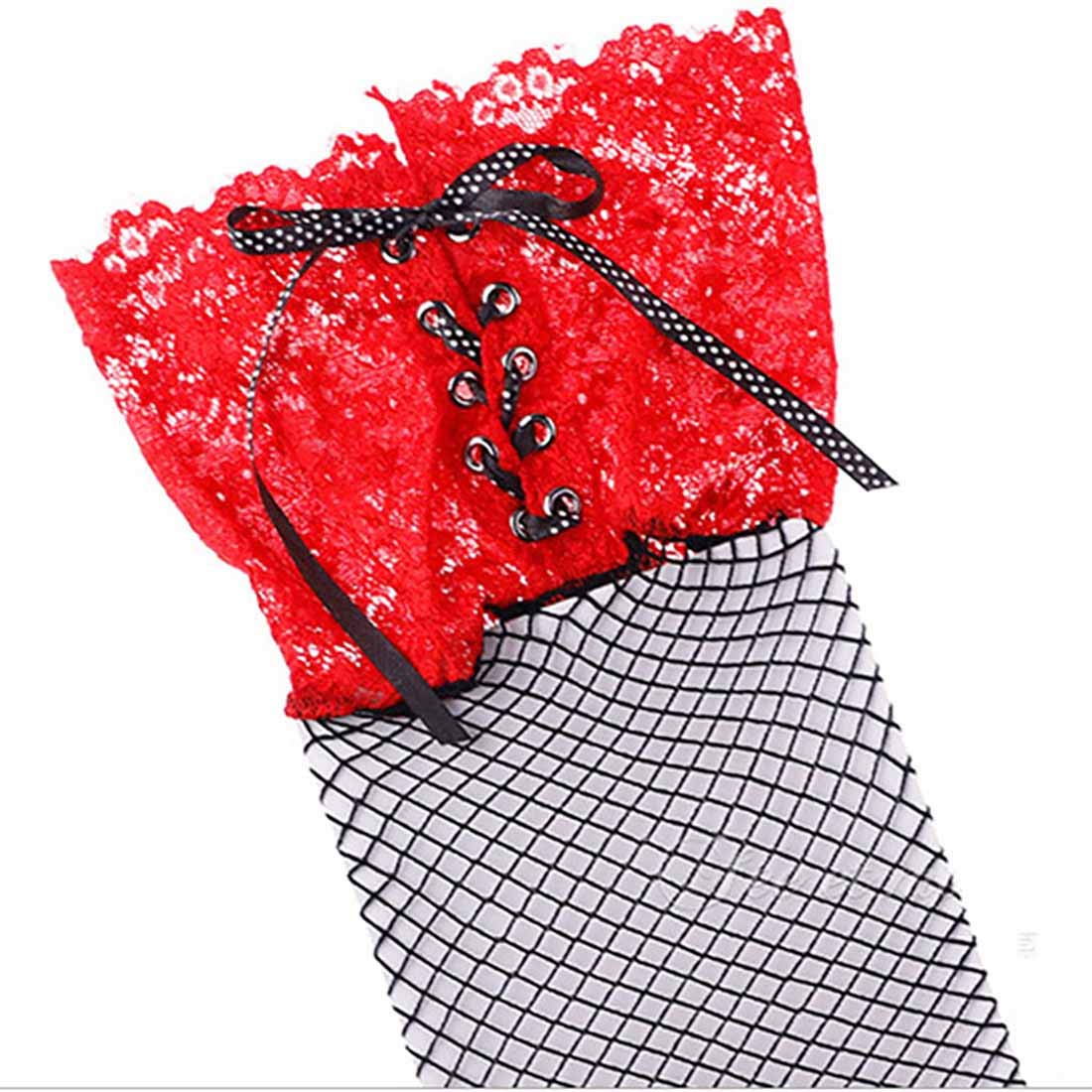 Sexy Women's Lace Top Fishnet Thigh High Stockings - Vintage Back Lace Up Sheer Mesh Stockings for Lingerie (Red & Black) | Perfect for Valentine's Day, Boudoir Photography & Role Play Costumes