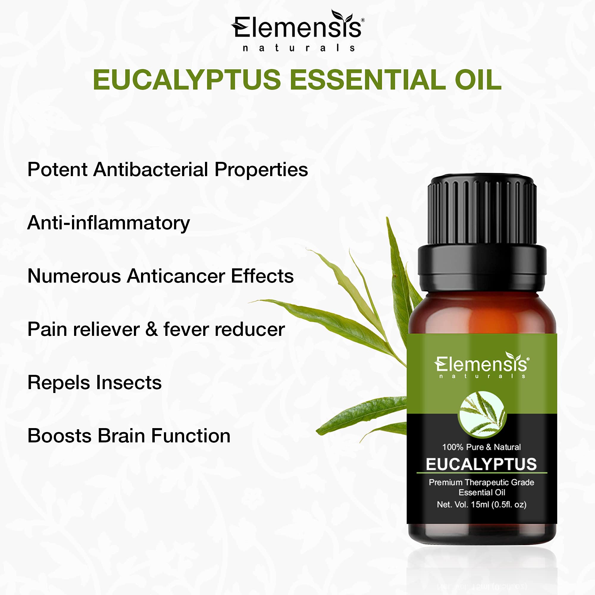 Elemensis Naturals 100% Pure Organic Eucalyptus Essential Oil - Undiluted, Natural Aromatherapy Oil for Cold, Cough & Pain Relief (Nilgiri Oil, 15ml) - Perfect for Diffusers, Massage & Home Spa