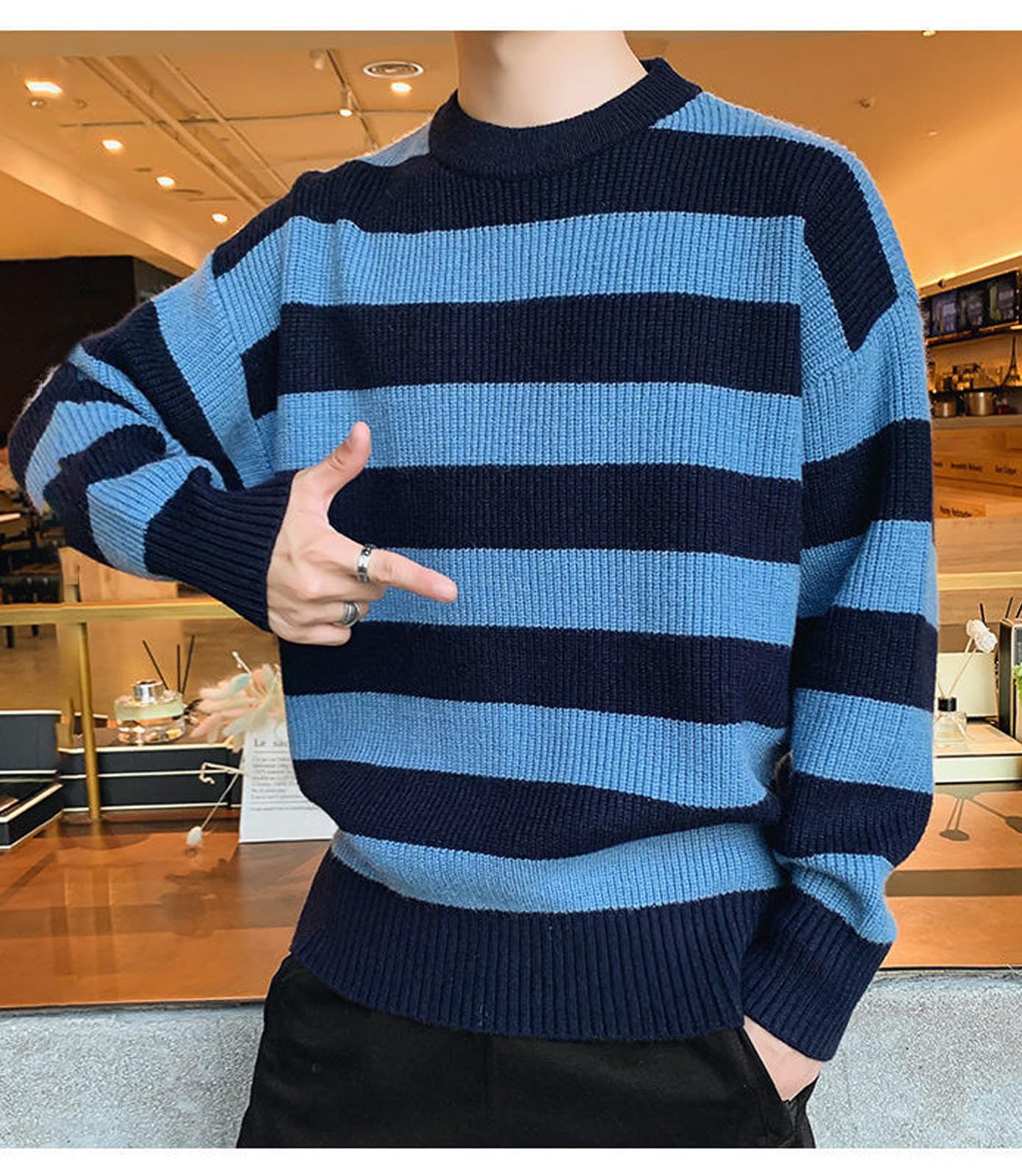 Men's Striped Knit Sweater - Oversized Long Sleeve Pullover for Autumn Winter Fashion | Casual Wear & Layering