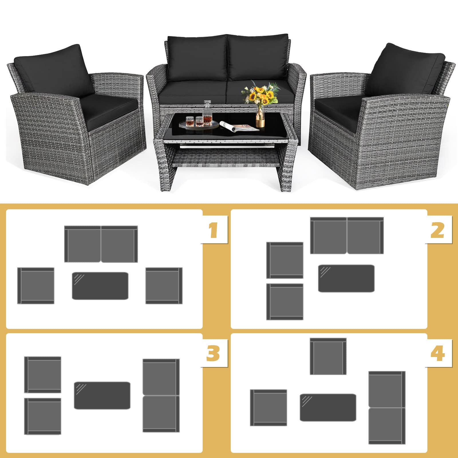 HAPPYGRILL 4-Piece Outdoor Rattan Patio Furniture Set with Cushions & Coffee Table - Wicker Sofa Sectional for Garden, Porch, Balcony, Poolside - Perfect for Relaxing, Entertaining & Outdoor Dining