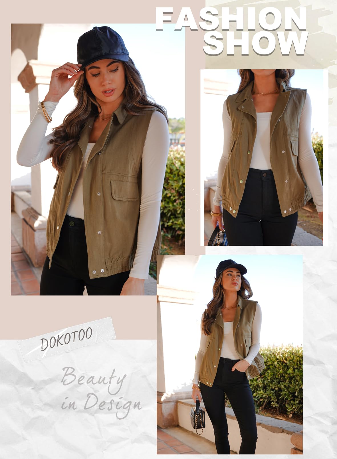 Dokotoo Women's Lightweight Button-Down Vest - Lapel Collar Sleeveless Jacket with Elastic Hem | Spring & Fall Outerwear | Casual, Office & Outdoor Wear
