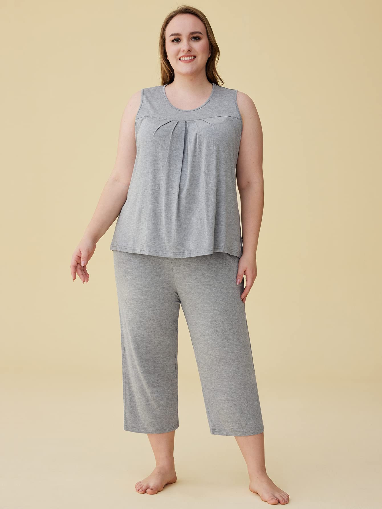 Latuza Women's Summer Pleated Tank Top & Capri Pajama Set - Soft Sleepwear for Hot Weather, Lounge Wear, Nightwear, Vacation Outfit