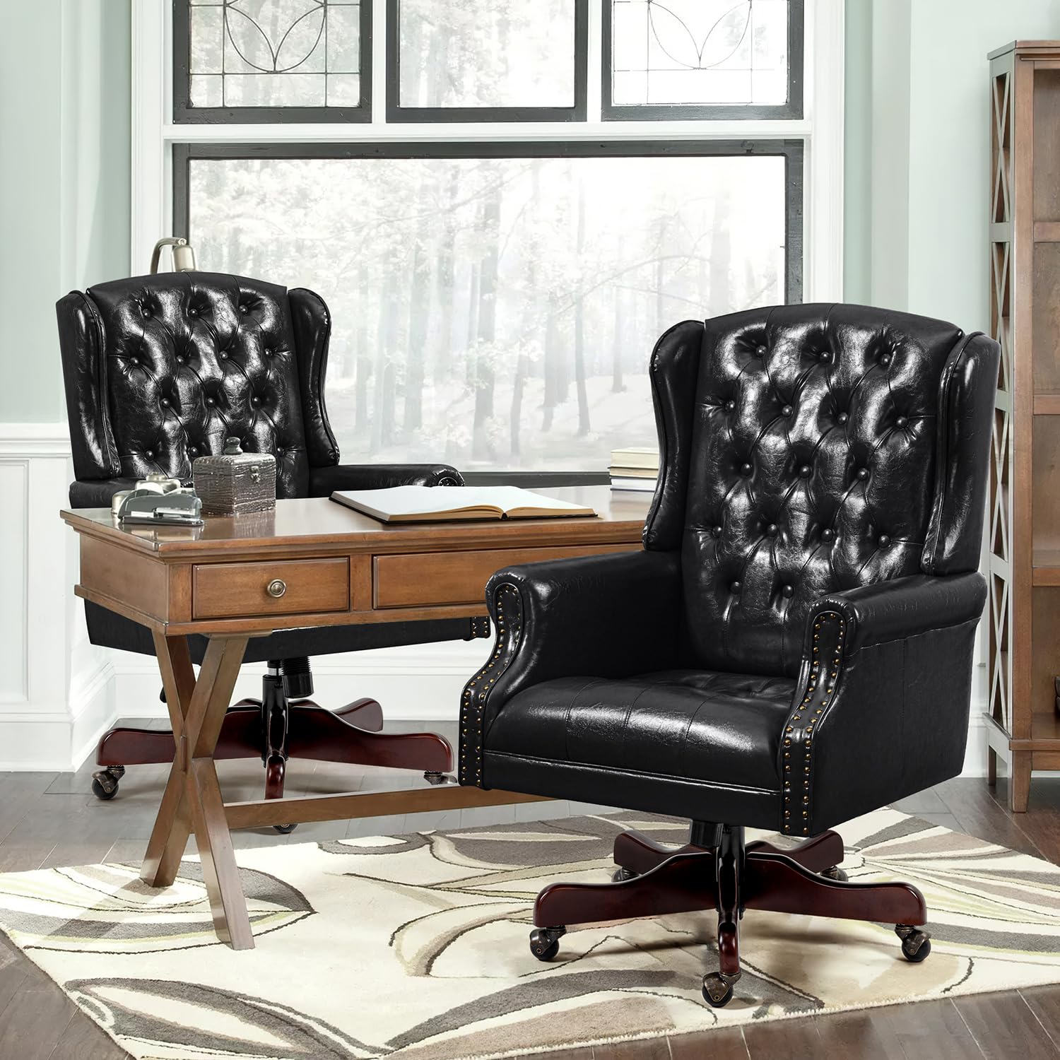 Premium Faux Leather Tufted Office Chair - High Back Executive Desk Chair with Nail Head Trim & Ergonomic Wingback Design for Home Office, Gaming, and Living Room - Deep Black - Perfect for Long Work Sessions, Video Calls, and Comfortable Relaxation