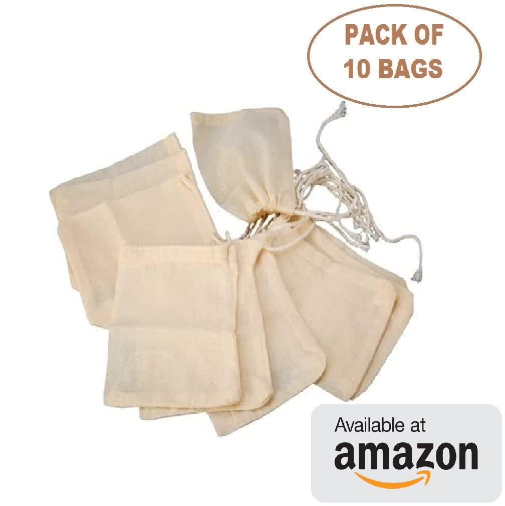 WUD 10-Pack Unbleached Cotton Muslin Cheesecloth Bags - 7x5 Inches Reusable Kitchen Strainer for Juicing, Spice Infusion, Sprouting Beans & Bouquet Garni | Eco-Friendly Food Grade Mesh Bags for Cooking, Brewing & Herb Sachets
