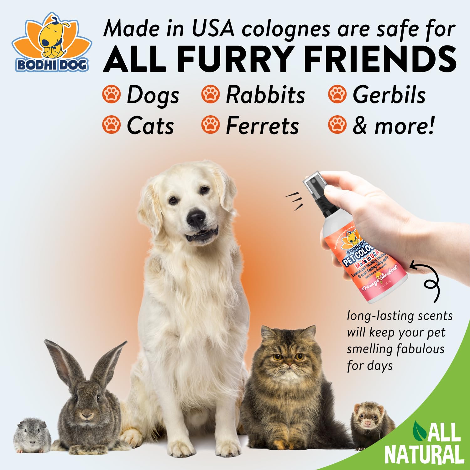 Bodhi Dog Natural Dog Cologne - Orange Sherbert Scented Pet Perfume Spray with Deodorizer & Conditioner for Dogs & Cats | Gentle, Safe Formula Made in USA | Keeps Pets Fresh Between Baths | Perfect for Grooming, Travel & Daily Use (4 Fl Oz)