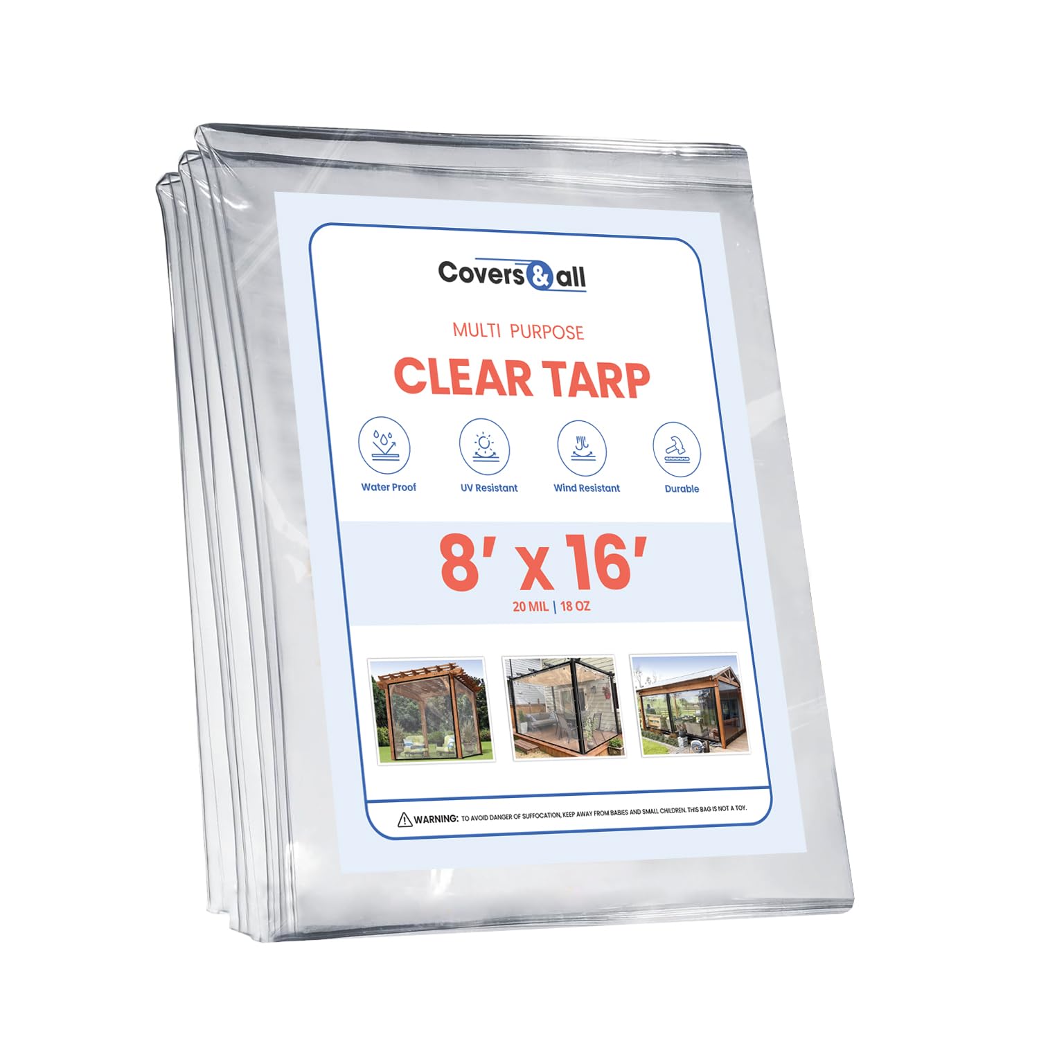 18 oz 20 Mil Clear PVC Waterproof Tarp with Grommets - Heavy Duty Tearproof Tarpaulin Cover for Indoor/Outdoor Use (8' x 16') - Perfect for Camping, Pool Covers, Construction, and Emergency Protection