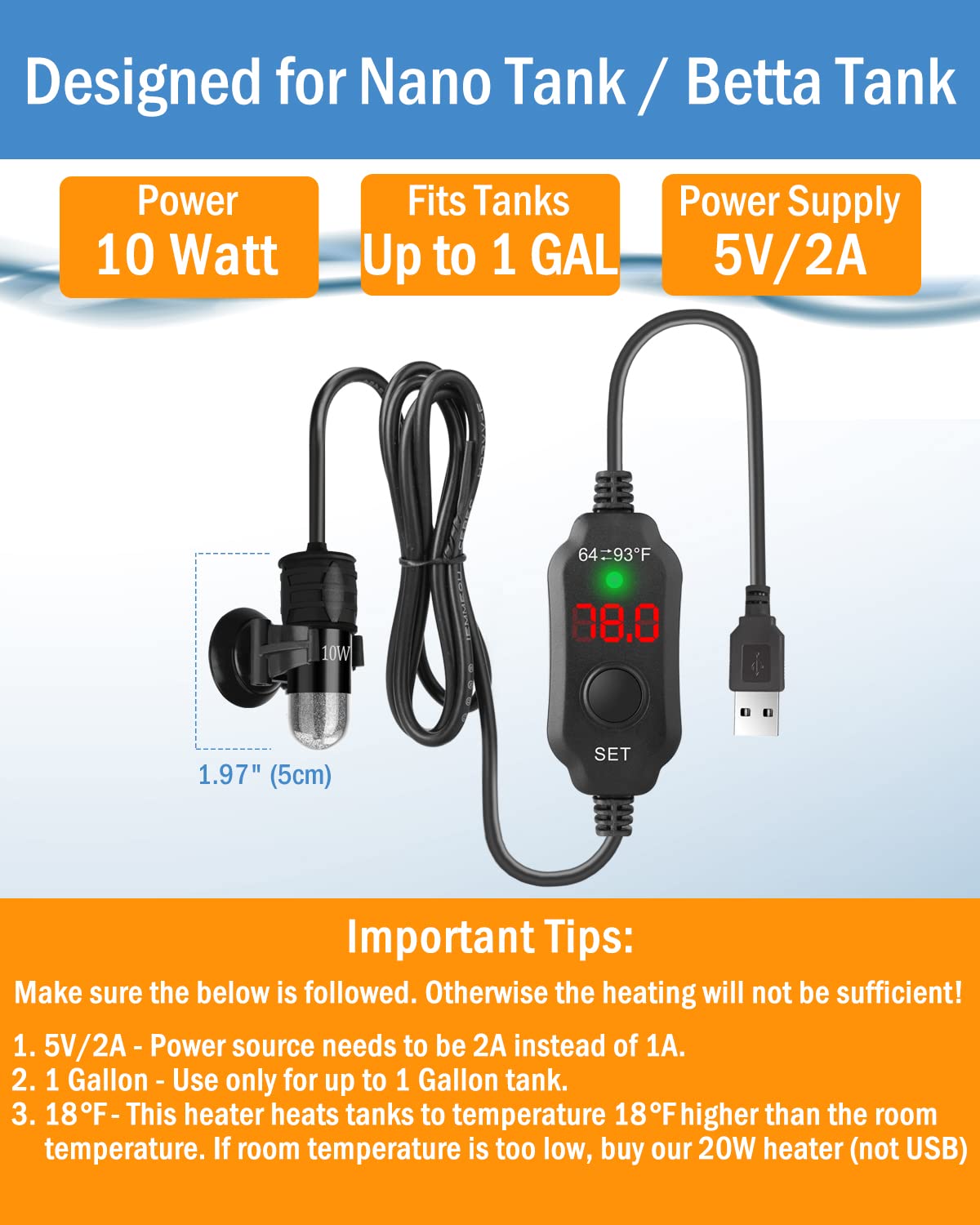 AquaMiracle Adjustable 10W USB-Powered Betta Heater with Digital Thermostat - Submersible Mini Aquarium Heater for 1 Gallon Fish Tanks | Perfect for Small Betta Bowls, Nano Tanks & Desktop Aquariums