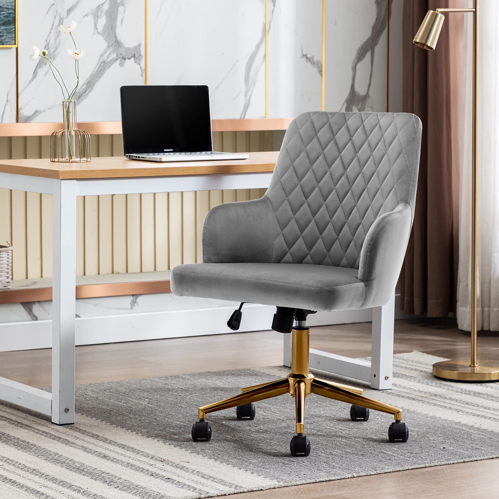 DUHOME Velvet Home Office Chair with Adjustable Arms, Swivel & Wheels - Ergonomic Upholstered Desk Chair for Computer Work, Gaming, Study - Perfect for Office, Living Room & Bedroom - Grey with Golden Base