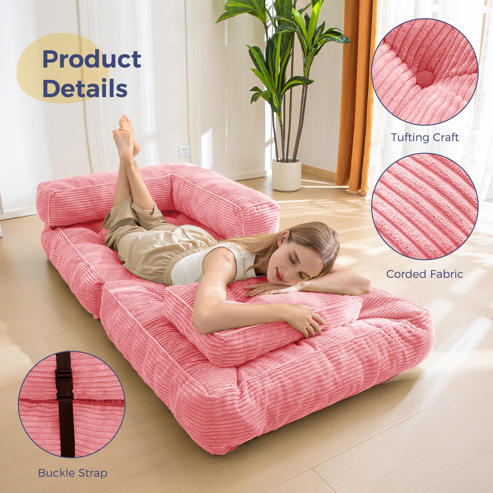 MAXYOYO L-Shaped Folding Sofa Bed - Convertible Sleeper Sofa with Armrests in Pink | Space-Saving Furniture for Small Apartments, Guest Rooms & Home Offices