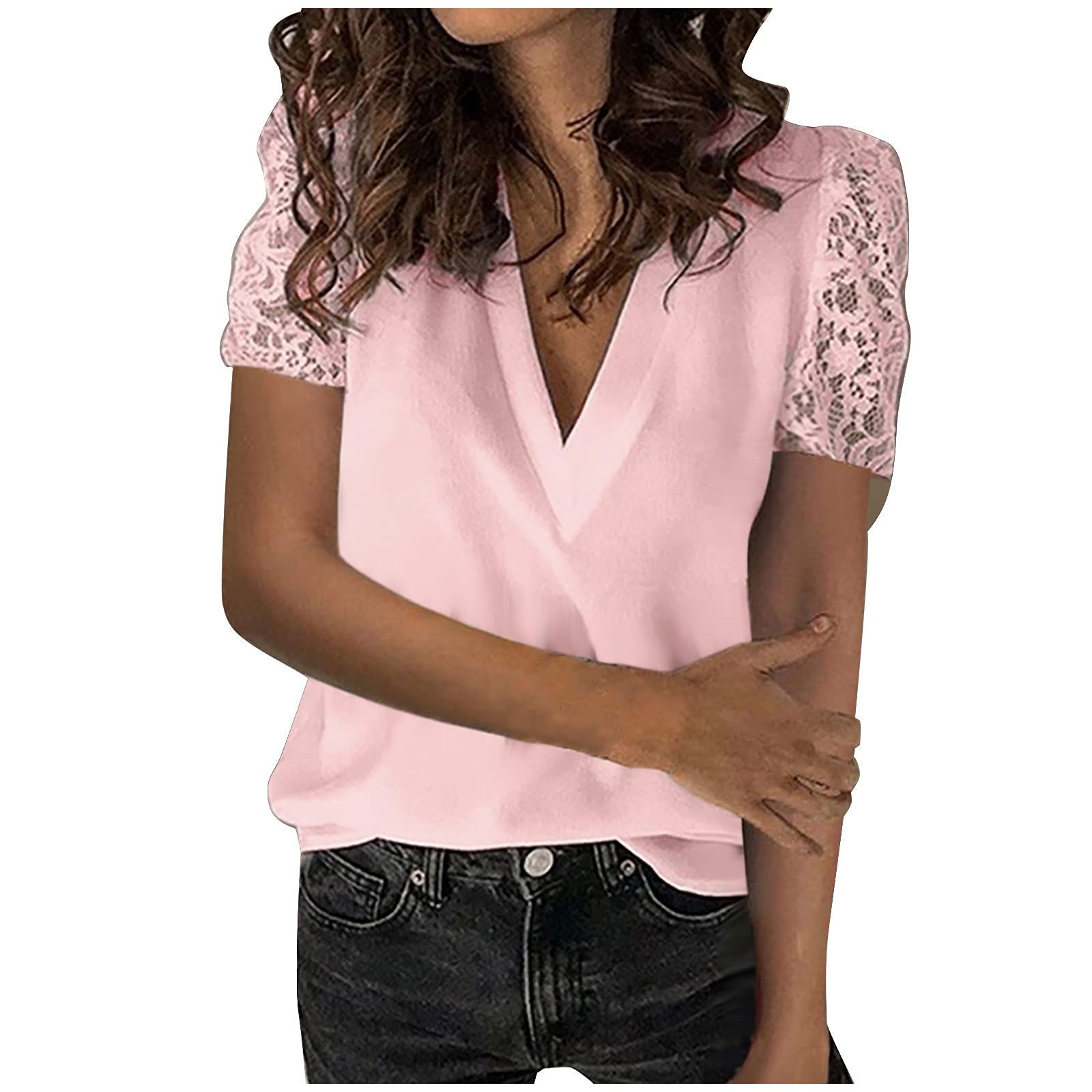Women's V Neck Lace Casual Blouse - Short Sleeve Loose Fit T-Shirt for Summer | Trendy Solid Color Tops for Everyday Wear & Outdoor Activities