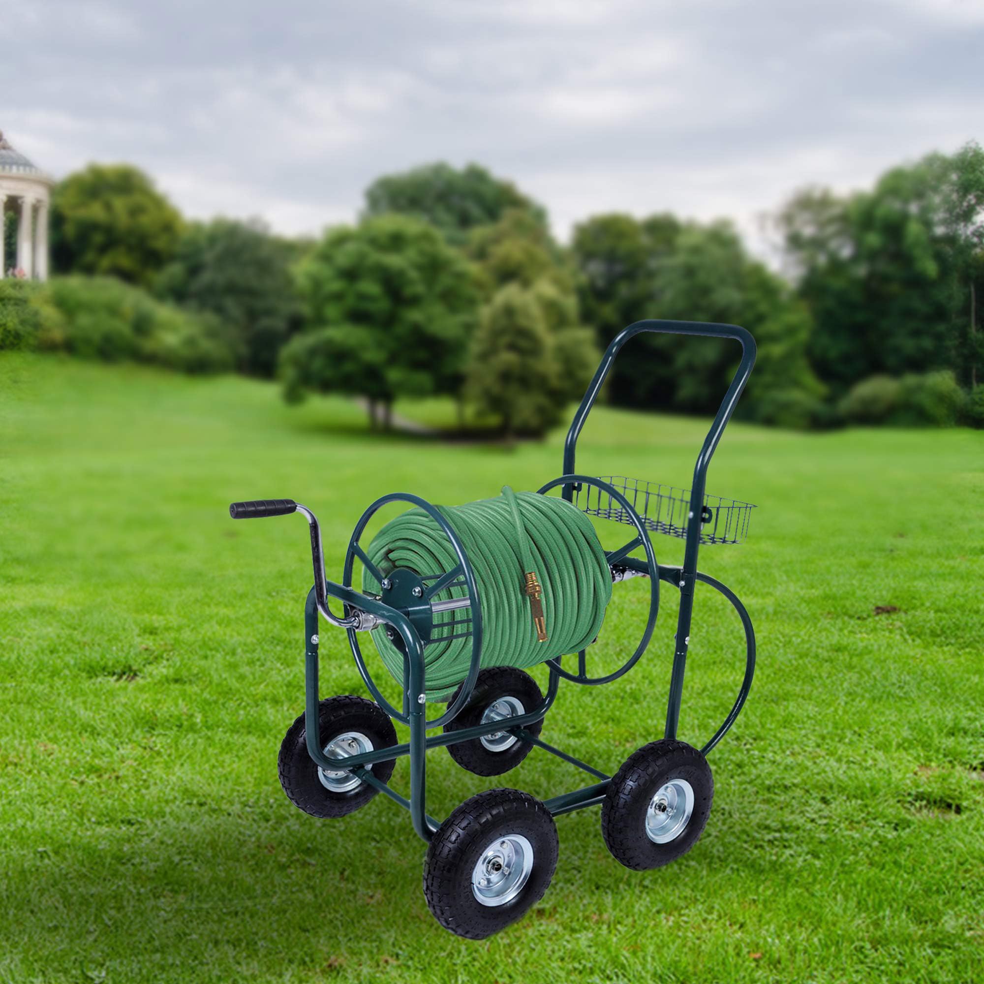 Heavy Duty 4 Wheel Garden Hose Reel Cart with Storage Basket - 390FT Capacity for Yard Watering, Planting & Outdoor Use - Perfect for Lawn Care, Gardening and Backyard Maintenance