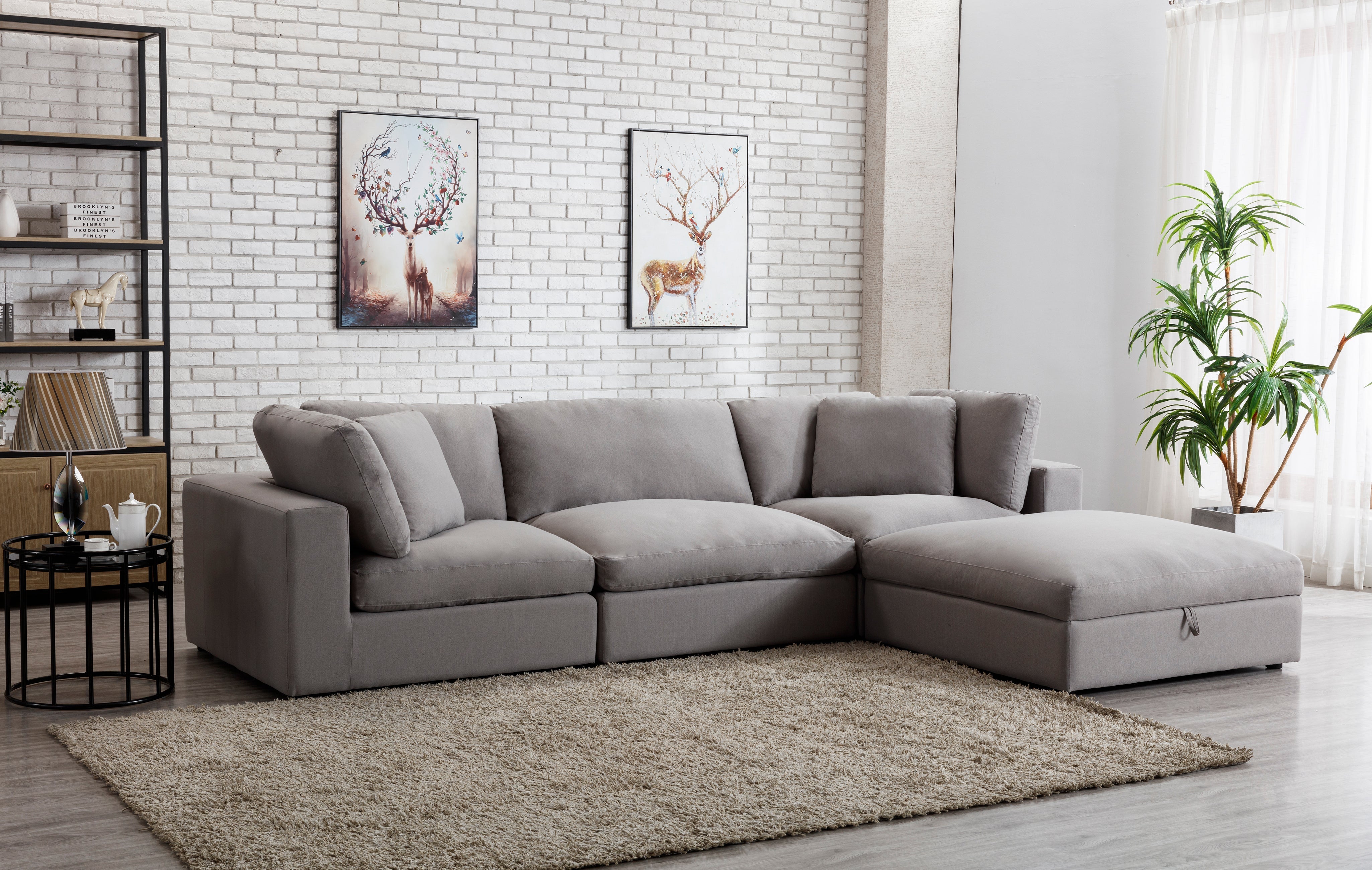 Rivas Modern Feather Fill 5-Piece Modular Sectional Sofa with Ottoman in Graphite - Perfect for Living Room, Family Room & Home Theater Seating