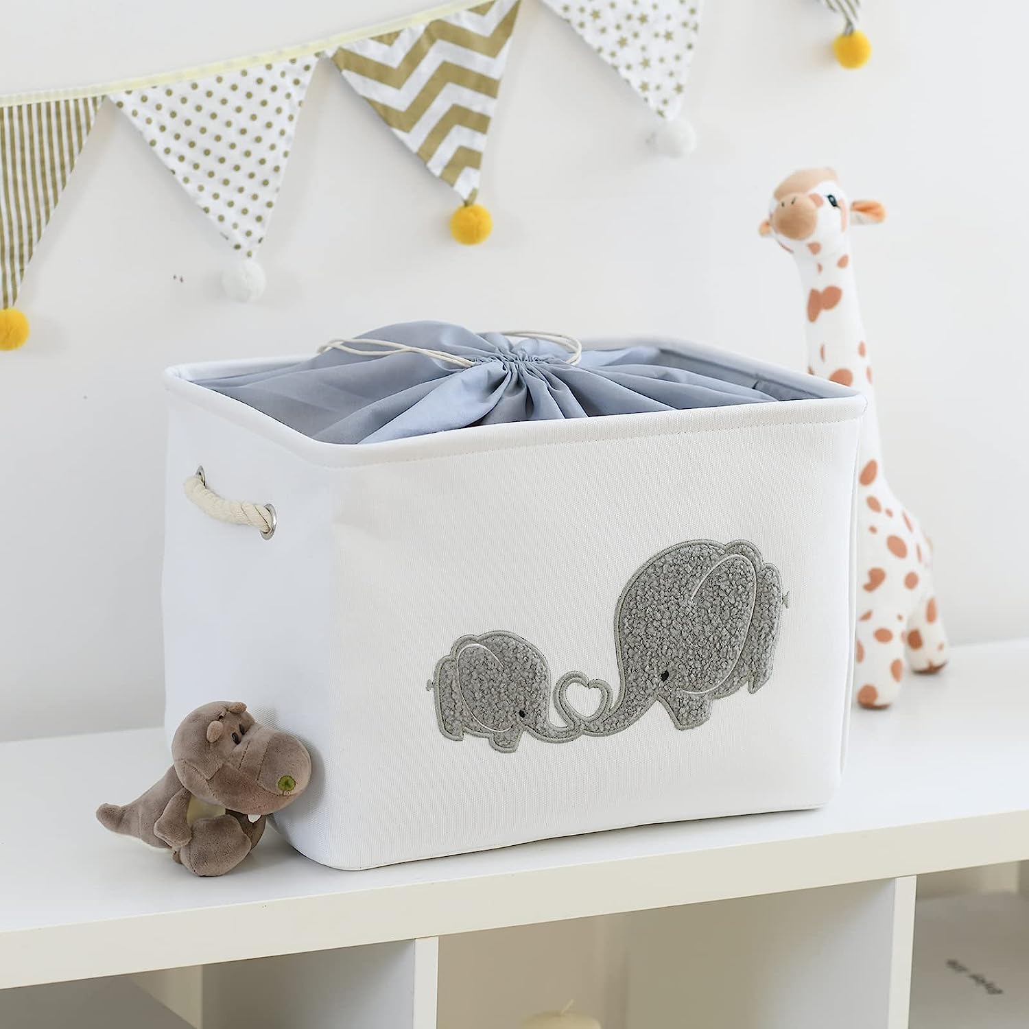 INough 2-Pack Baby Storage Baskets & Laundry Hampers for Boys Nursery - Large Elephant Design Baby Clothes Organizer for Nursery Decor, Diaper Storage & Kids Room Organization