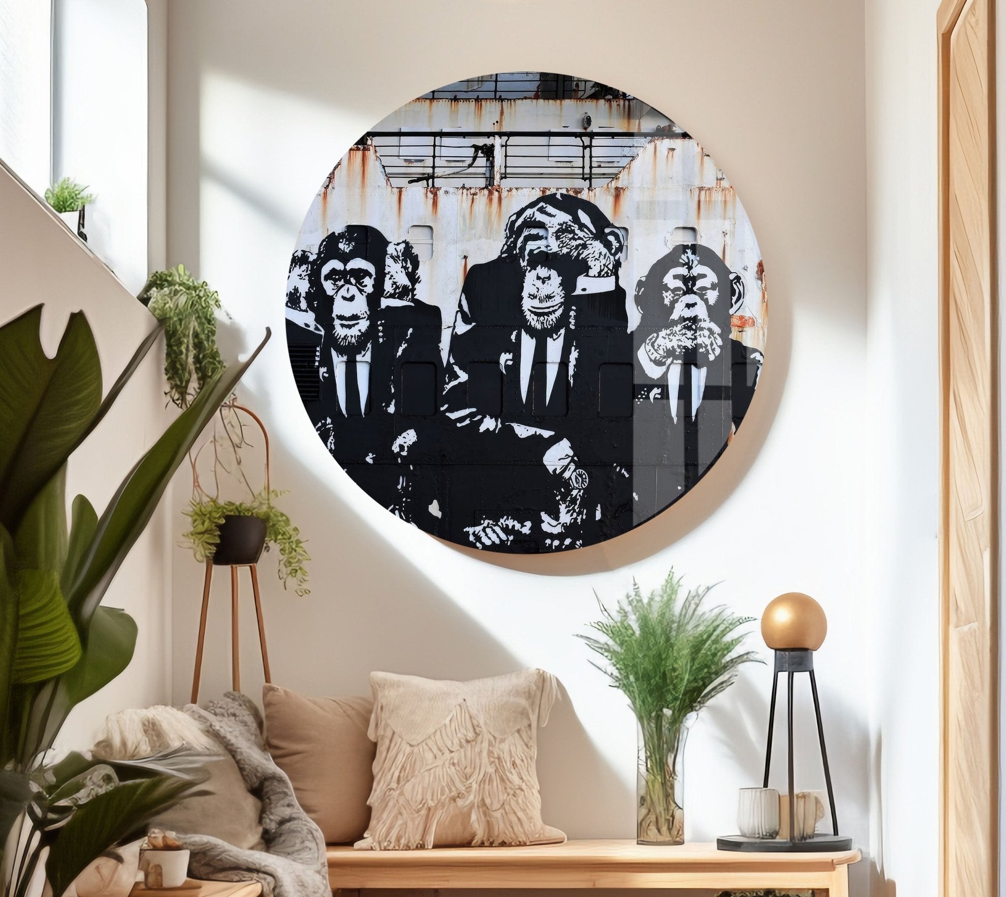 3 Monkey Banksy Glass Wall Art - Modern Home Decor for Living Room, Bedroom & Office - Unique Street Art Inspired Glass Painting
