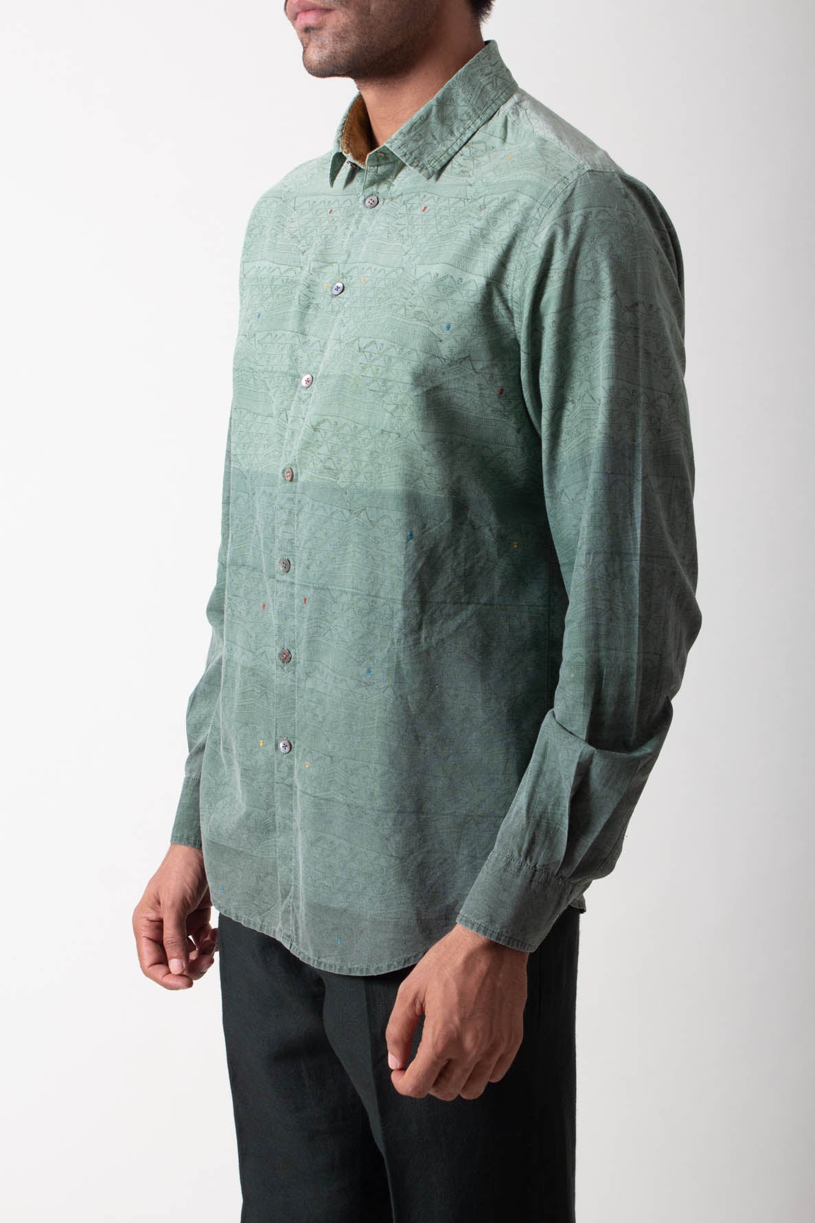 Handmade Classic Cotton Shirt - Handspun & Handwoven Sage Ombre for Casual Wear & Boho Style Outfits