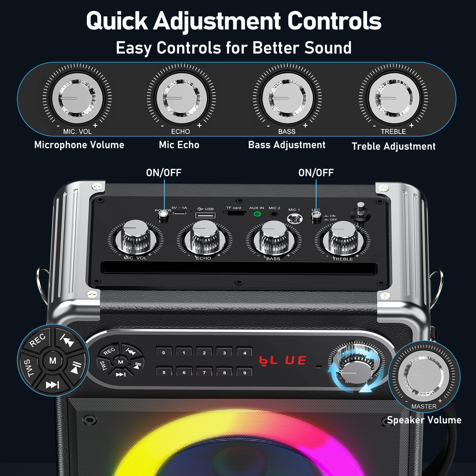 Portable Bluetooth Karaoke Machine with 2 Wireless Microphones - Bass/Treble Adjustment, LED Lights, Remote Control - Supports USB/AUX/TF/FM/REC/TWS - Perfect for Home Parties, Outdoor Gatherings & KTV Entertainment