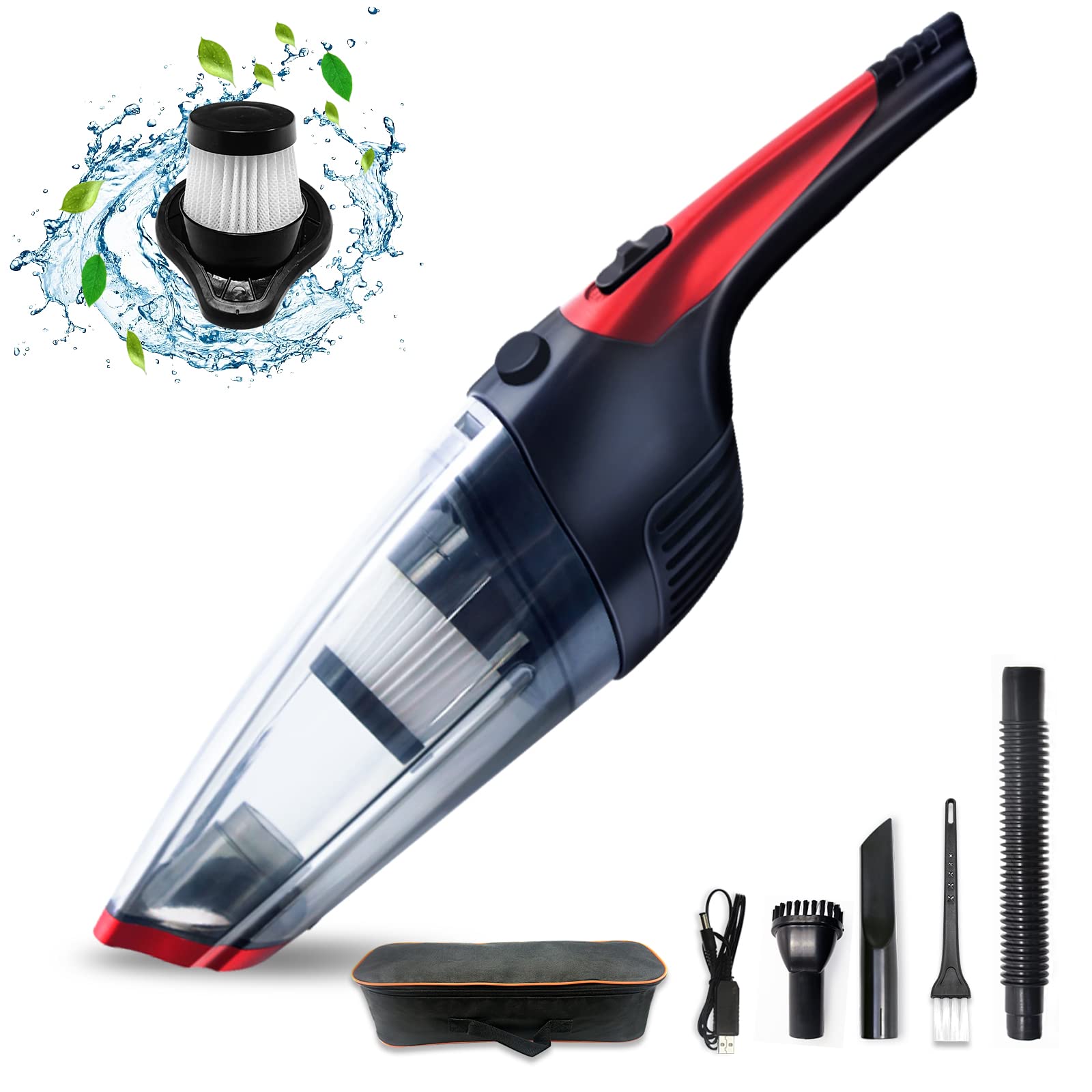 **Cordless Handheld Vacuum Cleaner - Portable Mini Vacuum for Car & Home with USB Charging, Strong Suction Wet/Dry Cleaning - Lightweight for Quick Spills, Pet Hair, and Auto Detailing (Black+Red)**