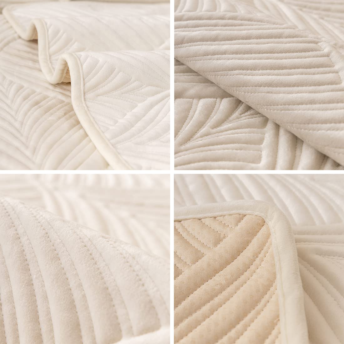 Vctops Super Soft Velvet Quilted Sofa Cover - Non-Slip Sectional Couch Slipcover with Leaf Pattern, Plush Furniture Protector for Pets & Kids (Cream, 28