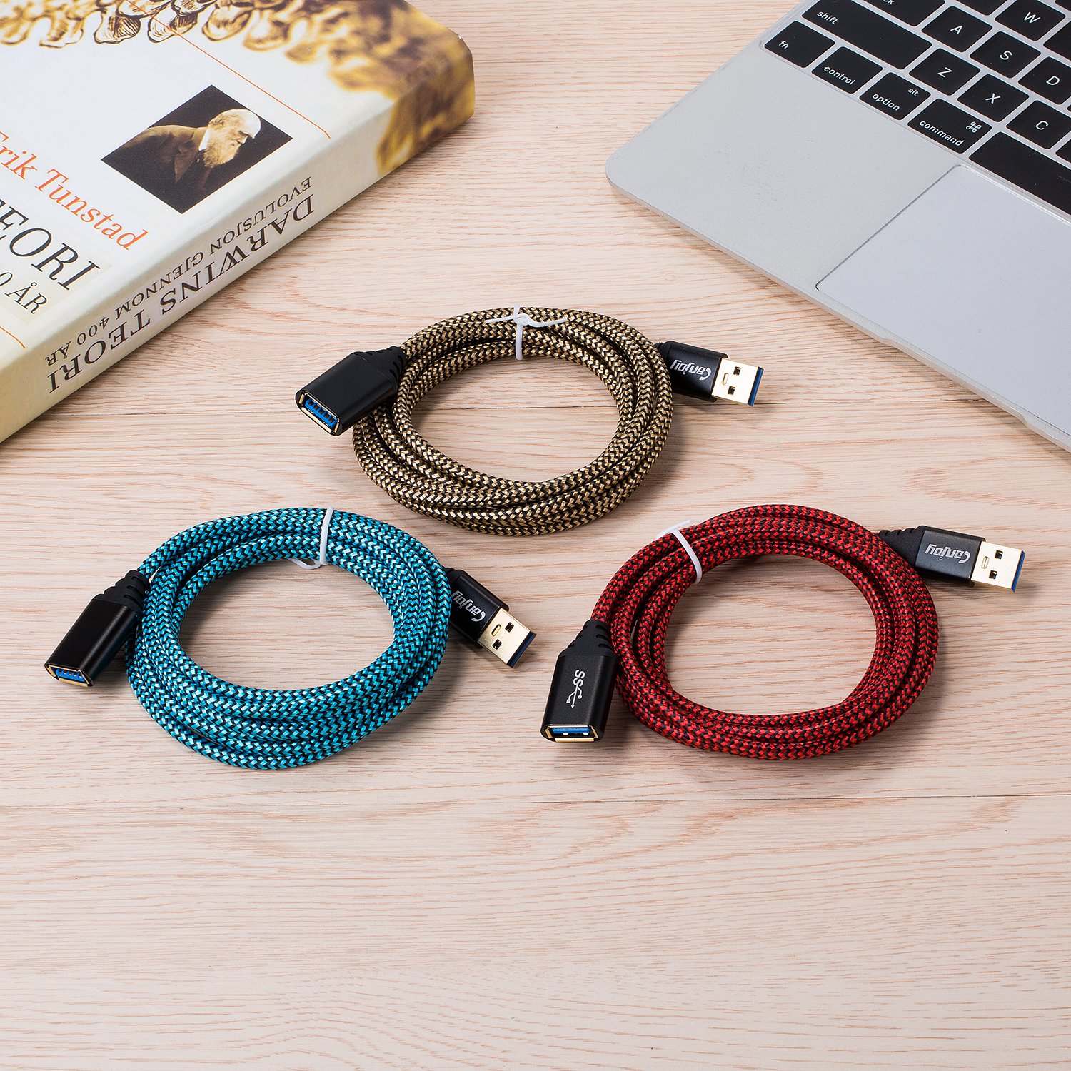 Canjoy 3 Pack USB 3.0 Extension Cable - 6ft High Speed Braided USB A Male to Female Extender Cord (Red, Gold, Blue) for Laptop, PC, Printer, Hard Drive & Gaming Console Accessories