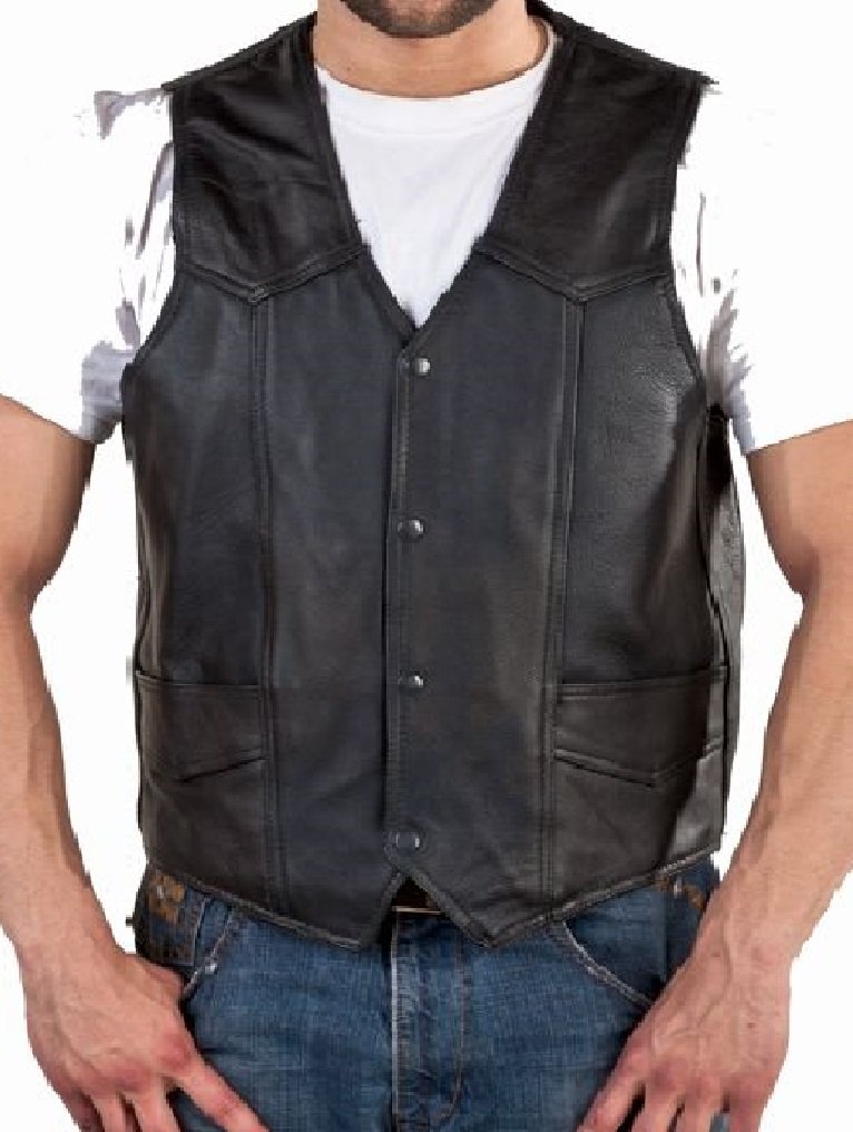 REED Men's Soft Durable Leather Vest Black - Genuine Leather Biker Vest with 2 Inside Pockets for Motorcycle Riding & Outdoor Activities