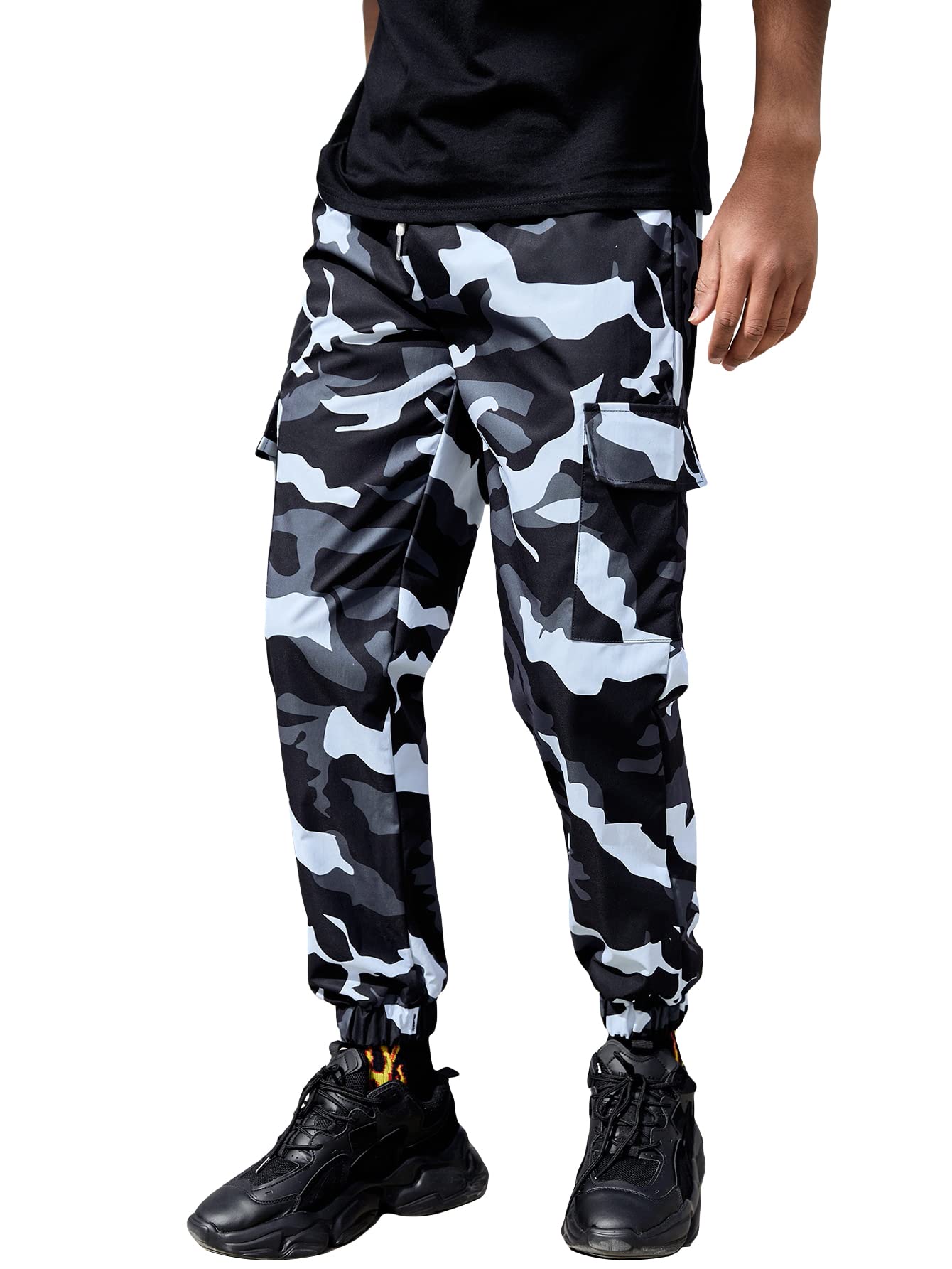 OYOANGLE Men's Camo Print Cargo Pants - High Waisted Jogger Pants with Drawstring & Multiple Pockets - Black Camouflage XL - Perfect for Outdoor Activities, Hiking, and Casual Wear