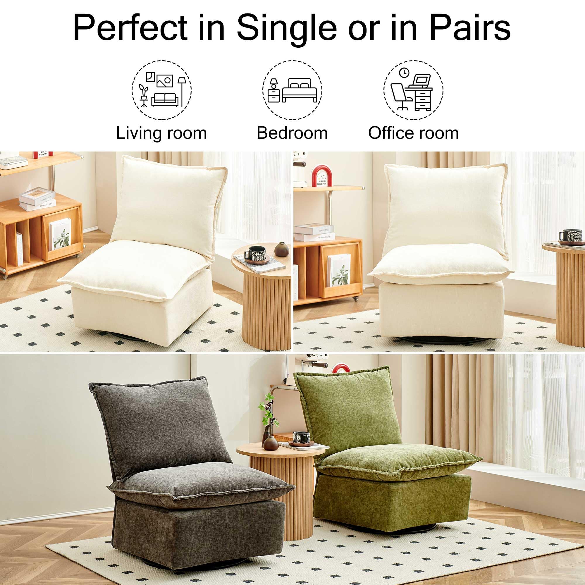 360-Degree Swivel Accent Chairs Set of 2 - Modern Barrel Rocking Chairs with Smooth Rotation for Living Room, Bedroom & Office - Ivory White Upholstered Lounge Chairs - Perfect for Reading Nooks, Conversation Areas and Small Spaces