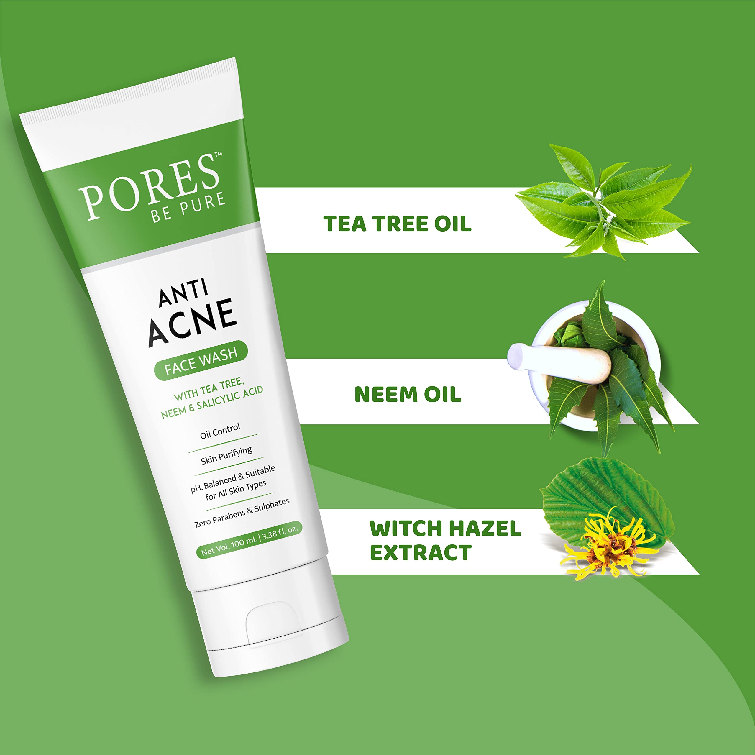 PORES Be Pure Anti Acne Gel Face Wash with 1% Salicylic Acid, Tea Tree & Neem - Oil Control & Acne Treatment for Oily & Acne-Prone Skin - Gentle Cleanser for Women & Men (100mL) - Perfect for Daily Skincare Routine & Acne Prevention