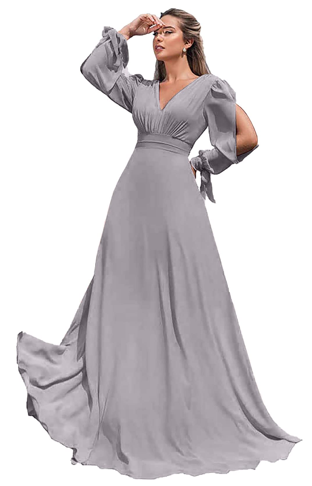 Elegant Long Sleeve Chiffon Bridesmaid Dresses for Women - A-Line Formal Wedding Party Gowns with Side Slit | Perfect for Weddings, Proms, and Special Occasions
