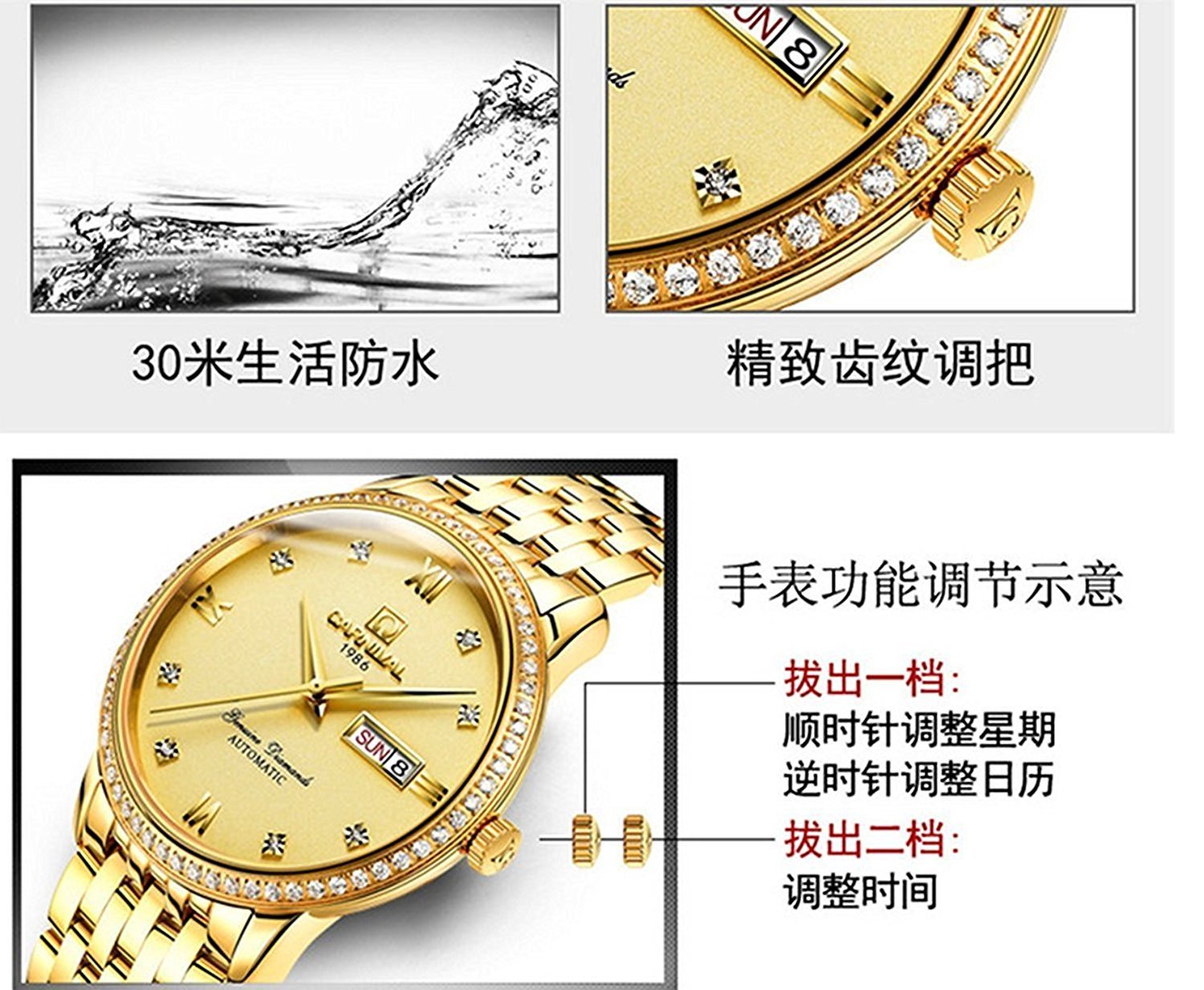 Men's Automatic Mechanical Watch with Calendar - Gold Stainless Steel, Diamond Accents, Waterproof (50M) | Perfect for Formal Events, Business Meetings & Luxury Gifts