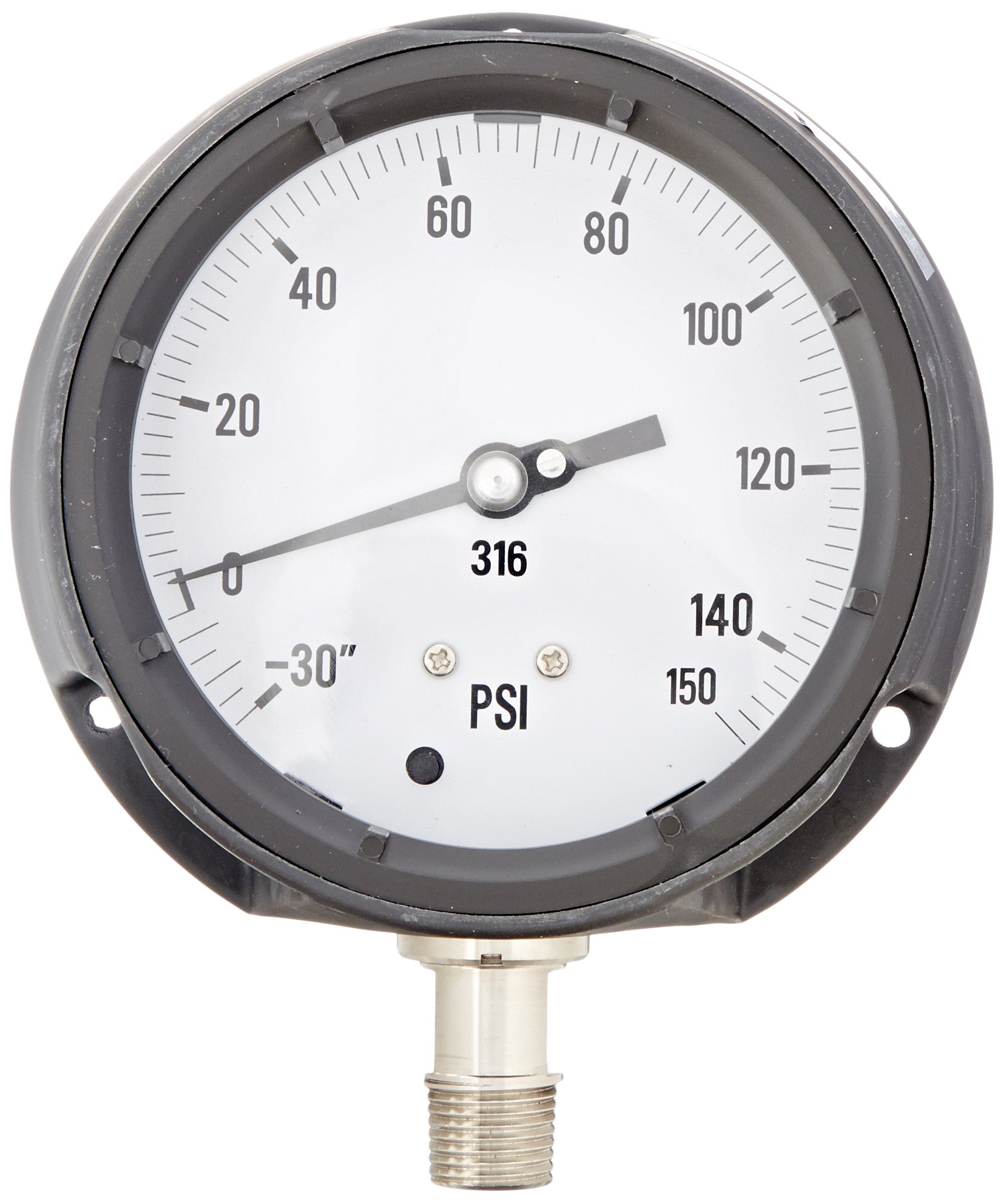 PIC Gauges AHG6-A60.H79 Bottom Mount Dry/Fillable Process Pressure Gauge with Phenolic Safety Case, 316 Stainless Steel Internals, Plastic Lens, 4.5 Inch Dial, 30/0/150 psi Range, 1/2 Inch Male NPT - Ideal for Industrial, Chemical, and HVAC Applications