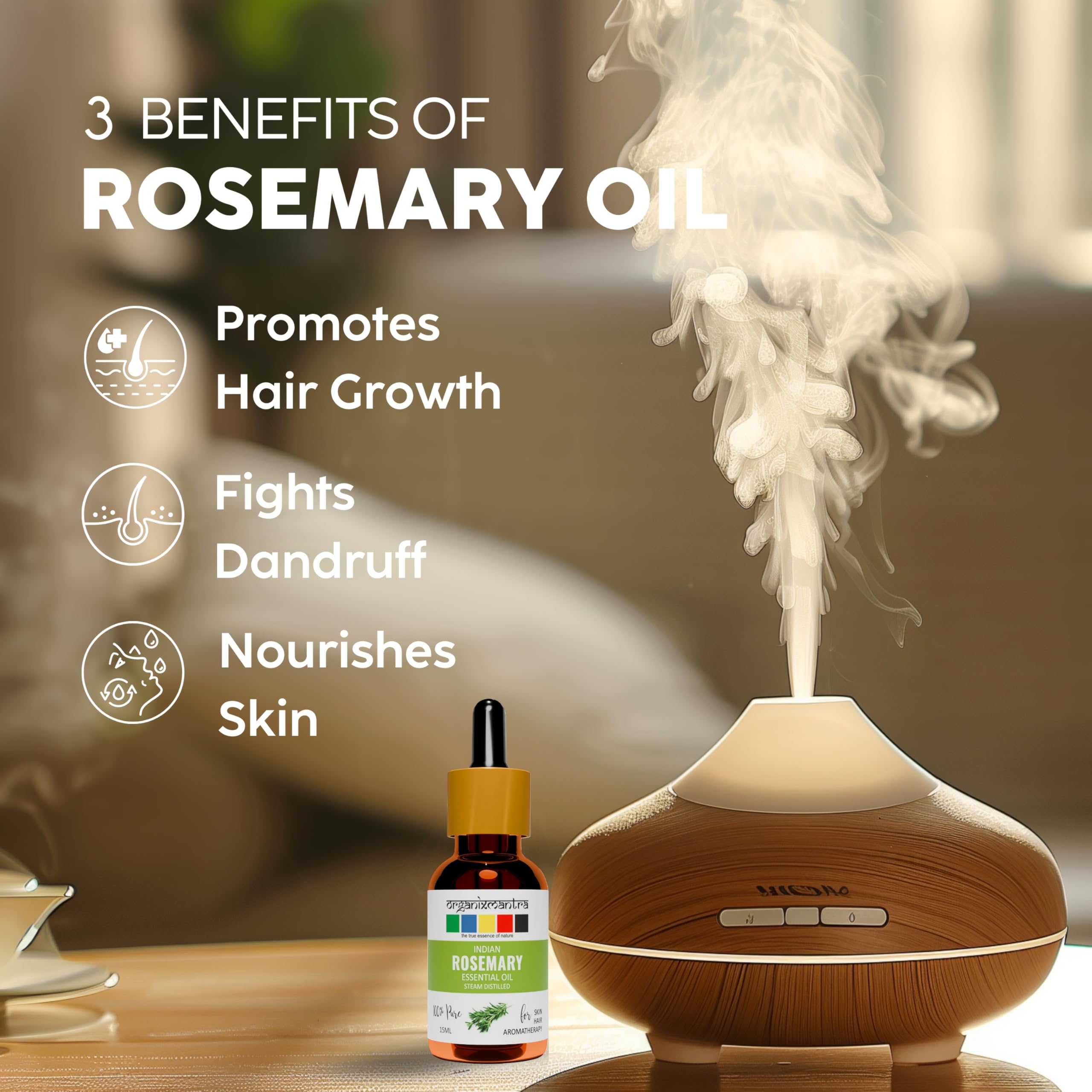 Organic Rosemary Essential Oil for Hair Growth & Skin Care - 100% Pure, Natural, Steam Distilled - 15ml Bottle - Perfect for Aromatherapy, DIY Beauty Products & Relaxation