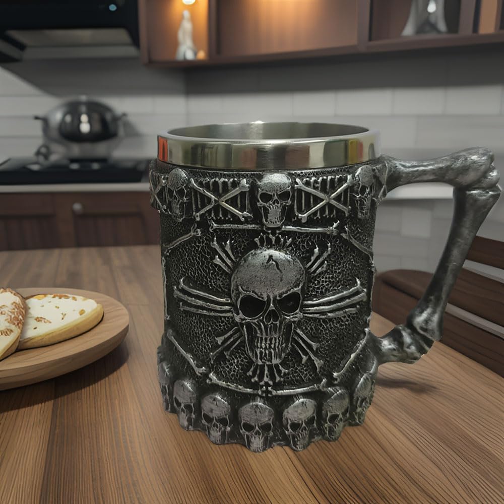 Viking Skull Coffee Mug 14oz - Stainless Steel Insulated Reusable Cup with Handle for Hot & Cold Drinks - Perfect for Coffee, Tea, Beer, Milk - Great Halloween Barware, Party Cup & Unique Gift for Men & Women