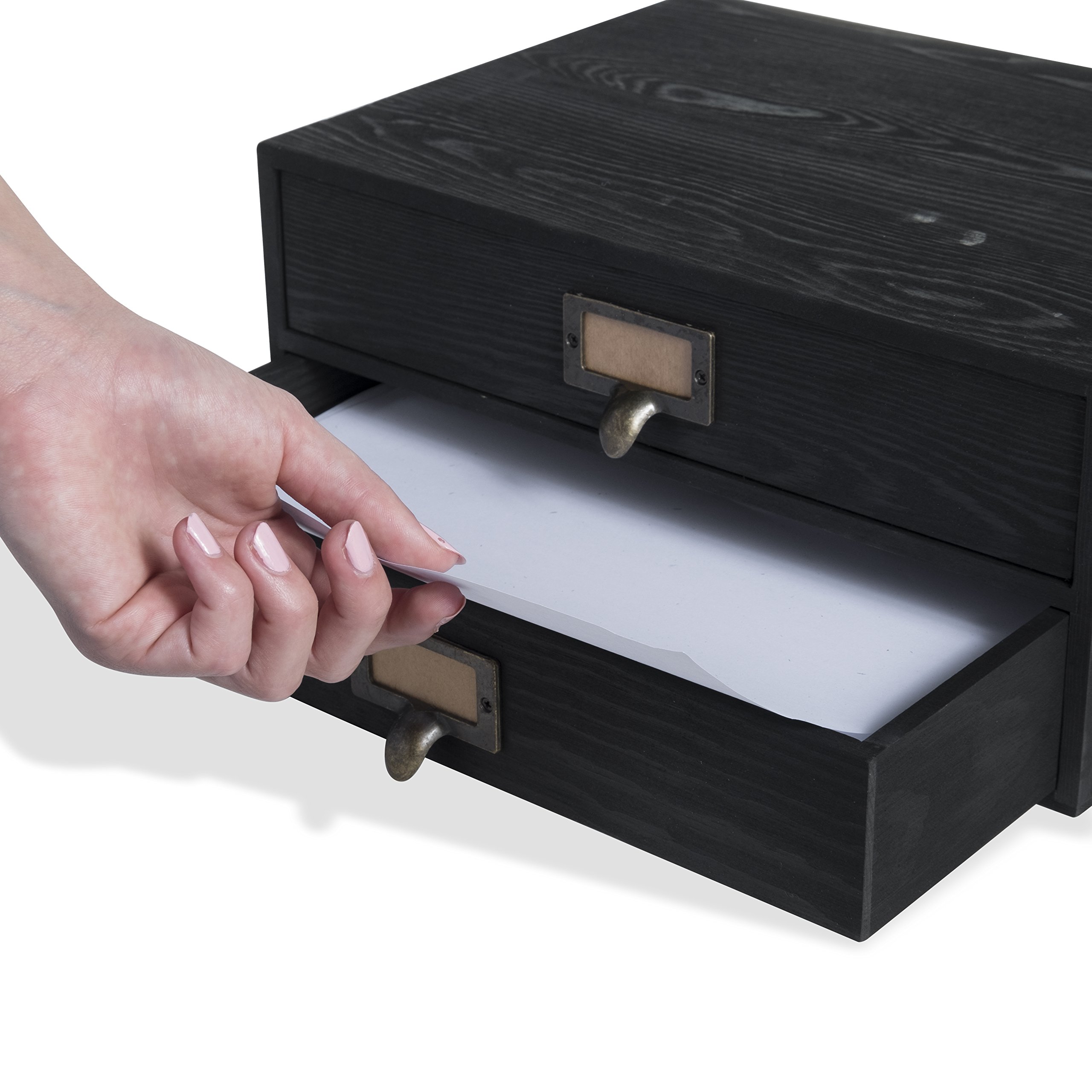 Wallniture Wooden 2 Drawer Under Monitor Stand with Printer Platform & Paper Holder - Home Office Desk Organizer - Black - Perfect for Workspace Organization & Computer Setup