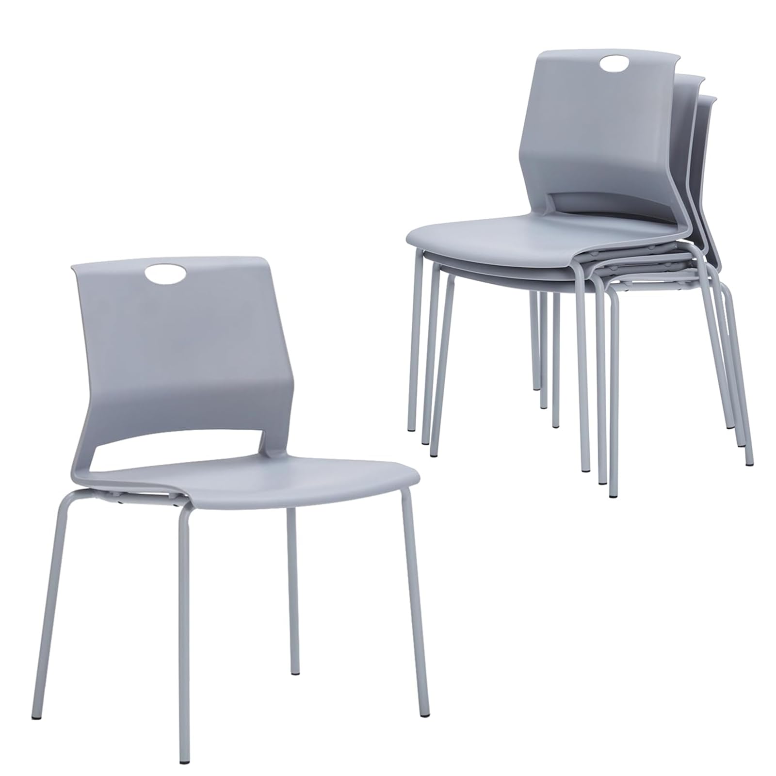 Modern Grey Stackable Chairs Set of 4 - Wide Seat Plastic Dining Chairs for Office, Conference Room & Home | Durable Guest Chairs for Living Room, Waiting Area & Classroom Use