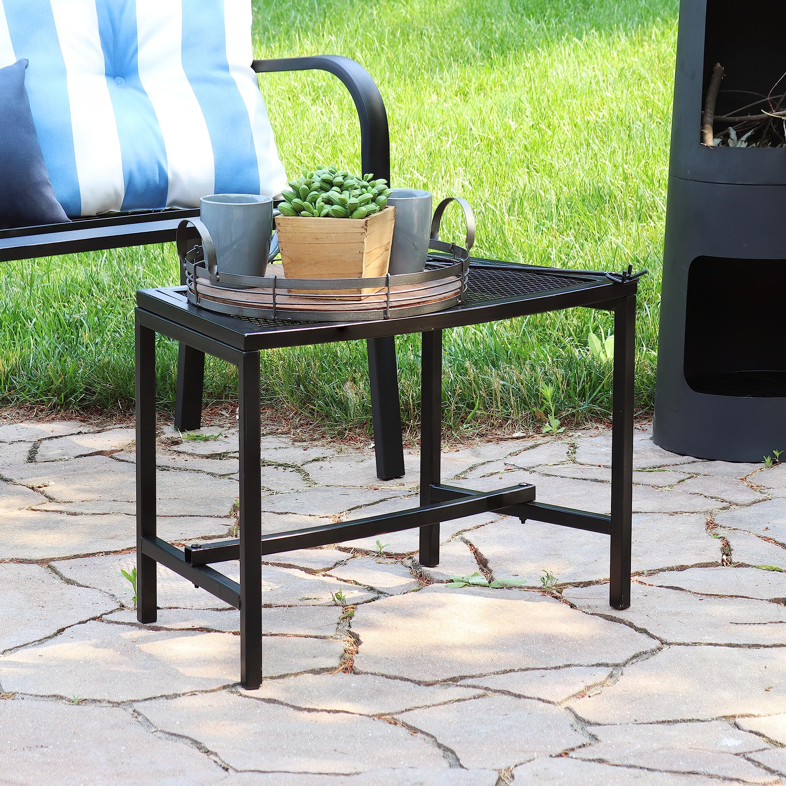 Sunnydaze Outdoor 4-Piece Black Powder-Coated Metal Fire Pit Bench Set - Curved Backless Mesh Design for Patio, Garden & Backyard Relaxation