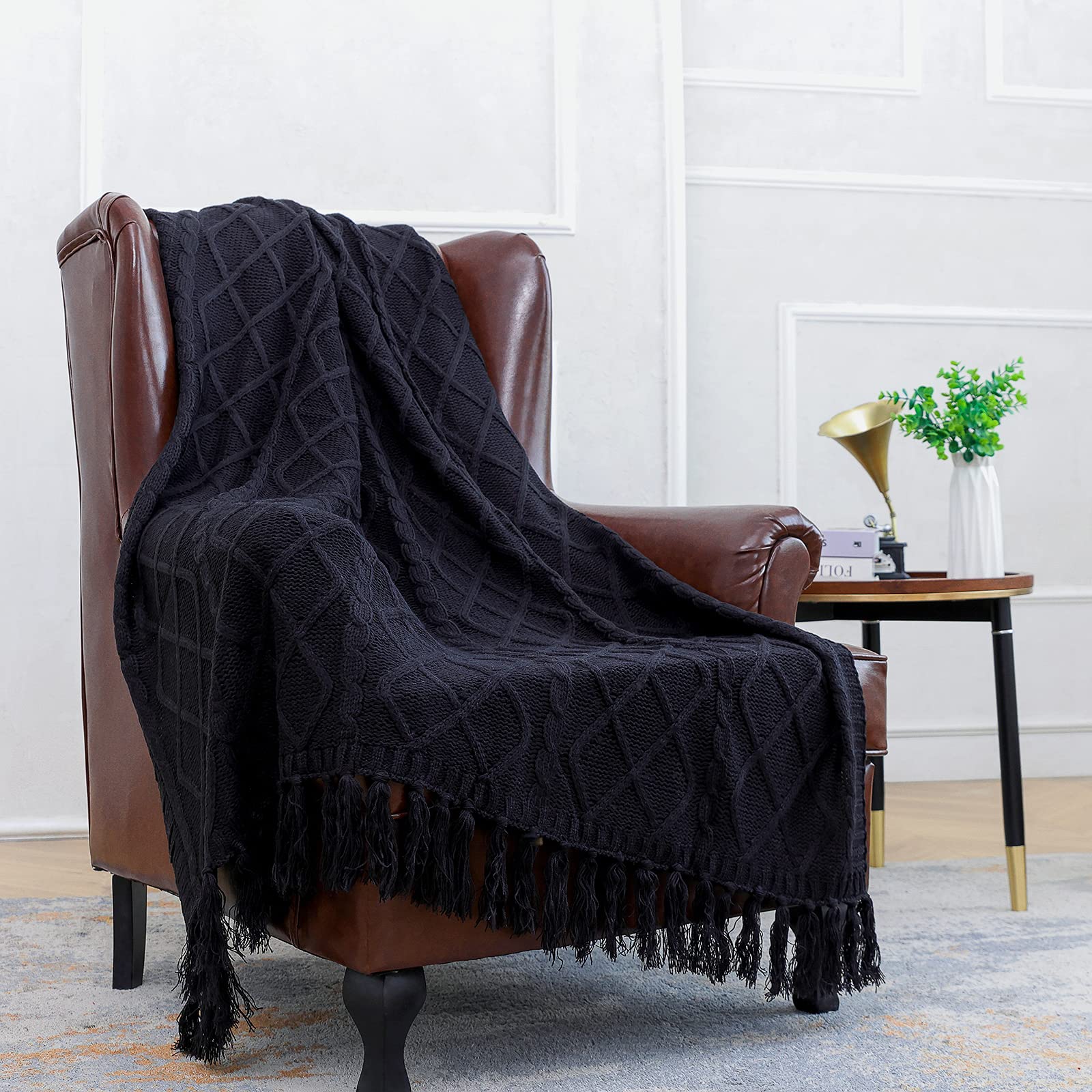 Soft & Cozy Cable Knit Throw Blanket - Lightweight Decorative Fringed Blanket for Couch, Chair, Bed & Sofa - Black 50x60 Inches - Perfect for Living Room, Bedroom & Home Decor
