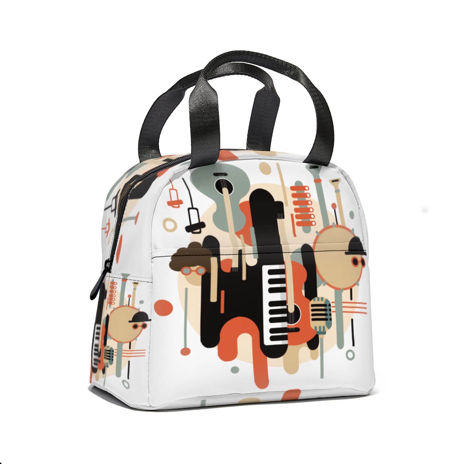 Vintage Musical Instrument Print Lunch Tote Bag - Insulated Reusable Lunch Box with Front Pocket for Women & Men | Perfect for School, Office, Picnic & Music Lovers (Piano, Guitar Design)