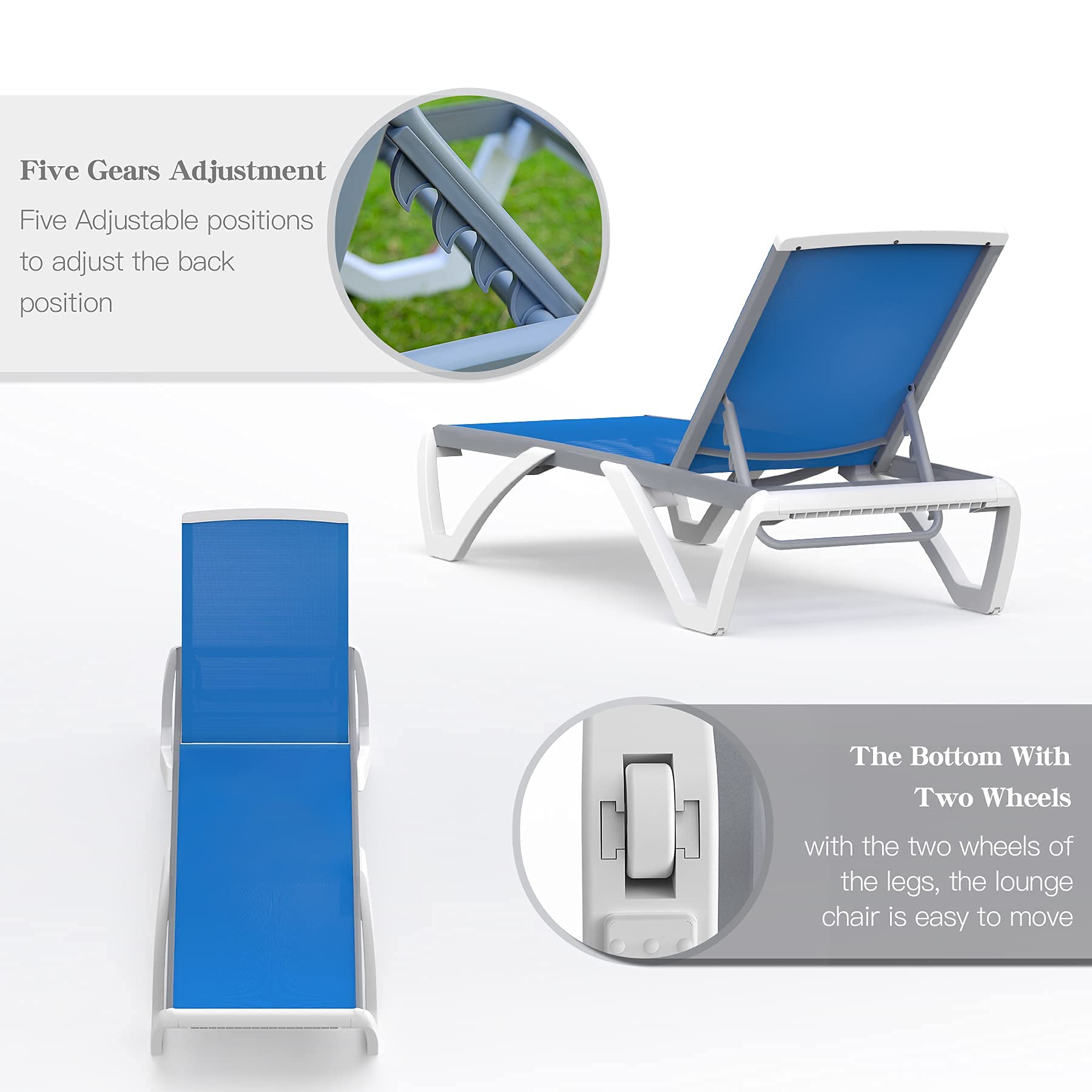 Domi Patio Chaise Lounge Chair Set of 3 - Outdoor Aluminum & Polypropylene Sunbathing Chairs with Adjustable Backrest, Armrest & Side Table - Perfect for Beach, Yard, Balcony & Poolside (2 Blue Chairs + 1 Side Table) | Great for Relaxing, Sunbathing & Outdoor Entertaining