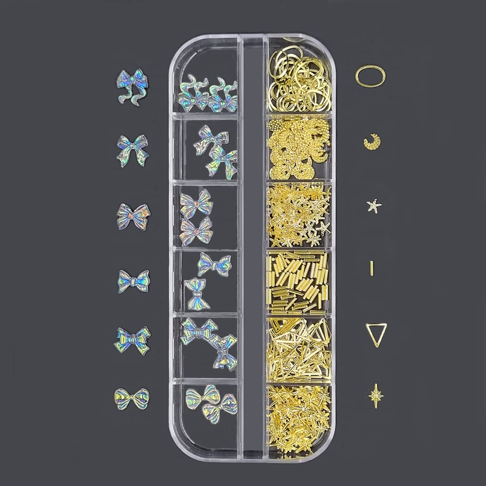 3D Aurora Bowknot Nail Art Kit - 12 Grids Metal Studs for DIY Manicure - Fashion Nail Decoration Accessories for Women and Girls - Perfect for Parties, Weddings, and Special Occasions