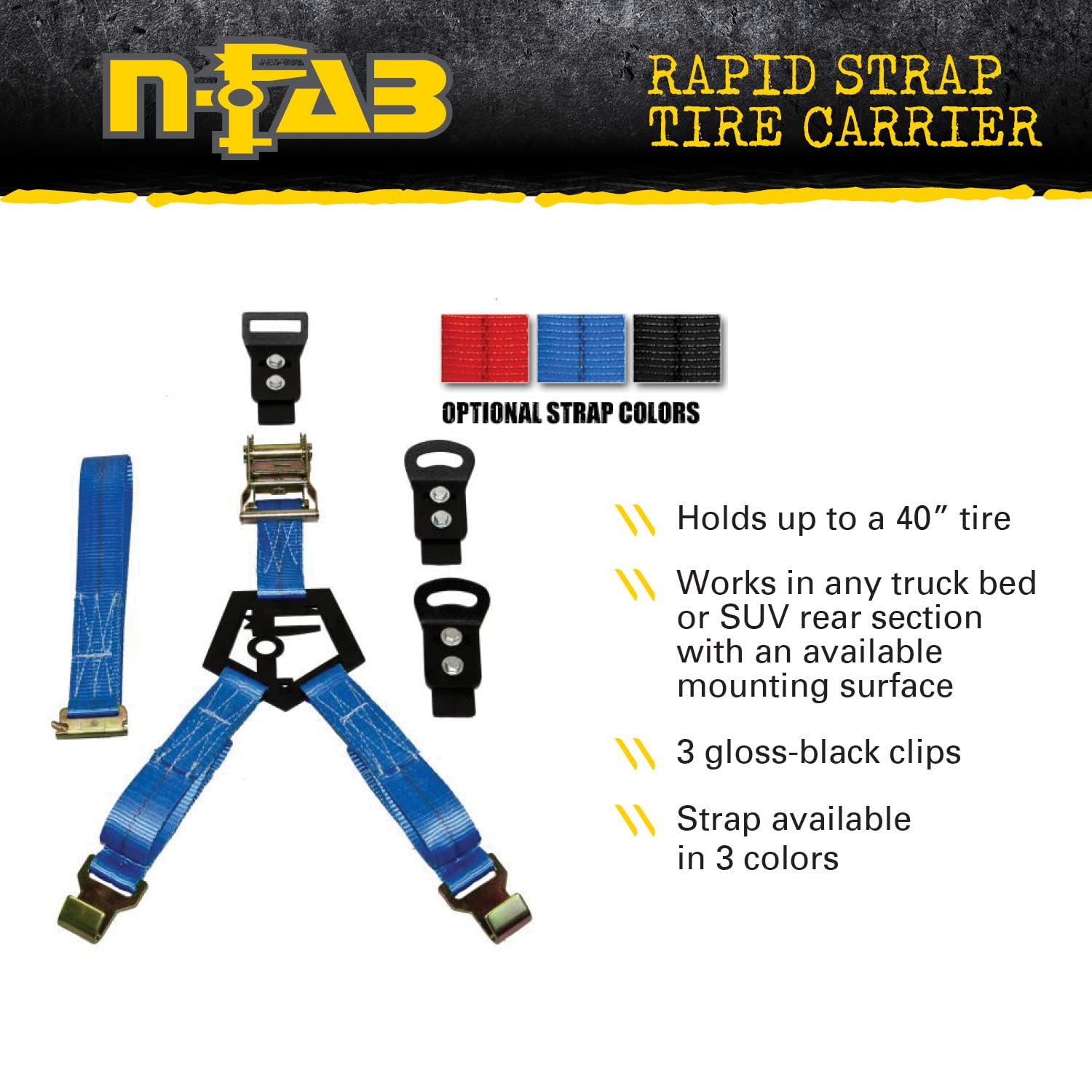RealTruck Rapid Strap Universal Truck Bed Tire Carrier - Heavy Duty Gloss Black Powder Coated Steel with Black Strap | Secure ATV, UTV, Spare Tires & Off-Road Gear | Perfect for Pickup Trucks, Camping & Outdoor Adventures