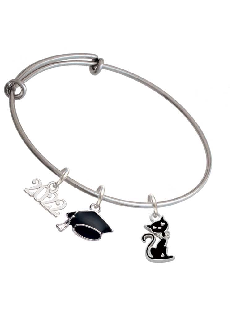 2022 Graduation Charm Bracelet - Silvertone Black Sitting Cat Jewelry Bangle for Women | Perfect Graduation Gift & Party Accessory