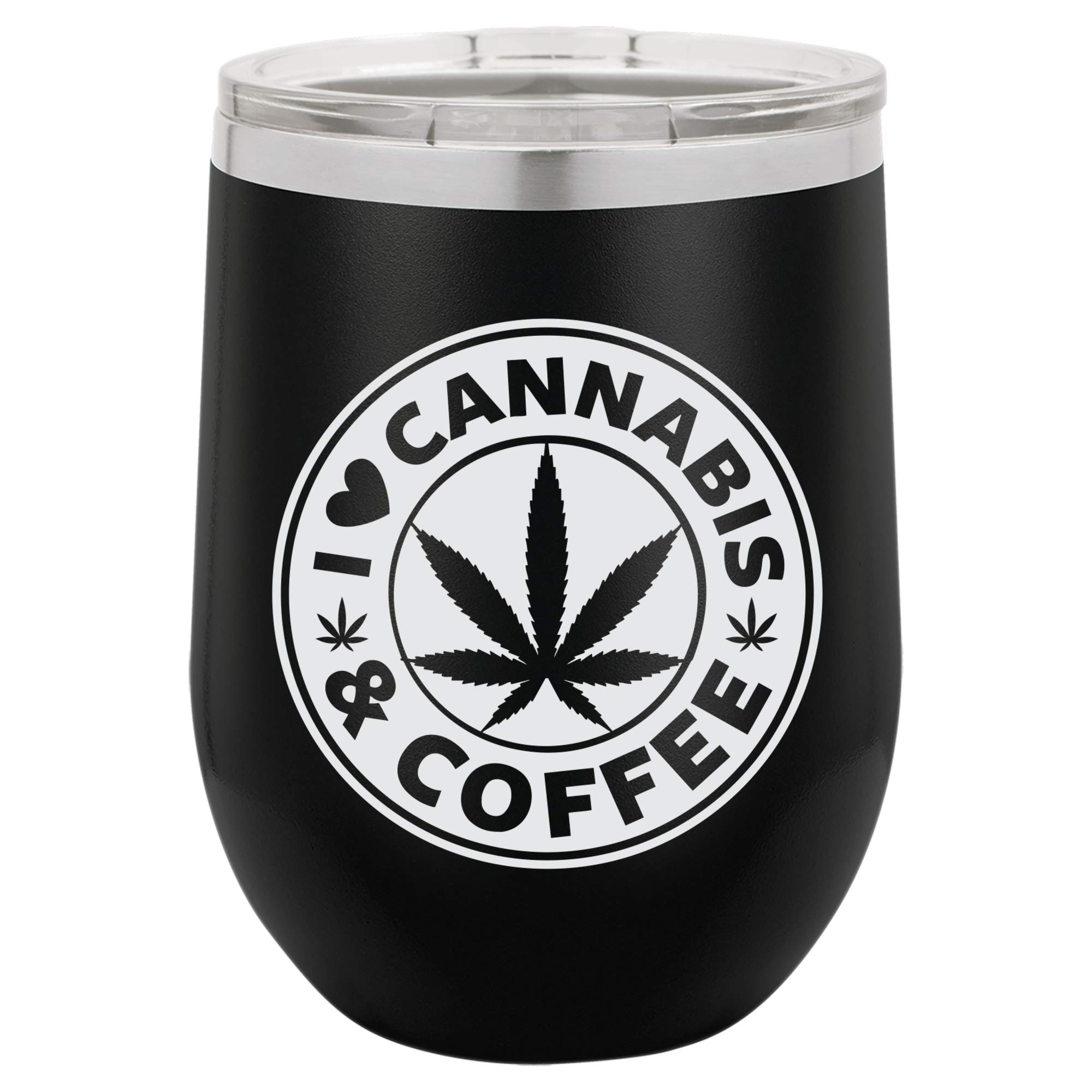 Cannabis & Coffee Weed Leaf Engraved Insulated Stainless Steel Wine Tumbler - 12oz Black - Perfect for Stoner Gifts & 420 Parties