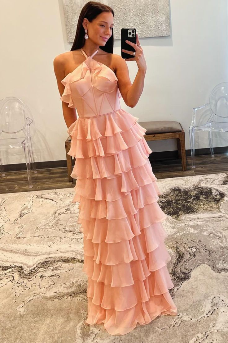 Elegant Halter Ruffle Tiered Prom Dress with High Slit - J5050 | Perfect for Homecoming, Formal Dances & Evening Parties