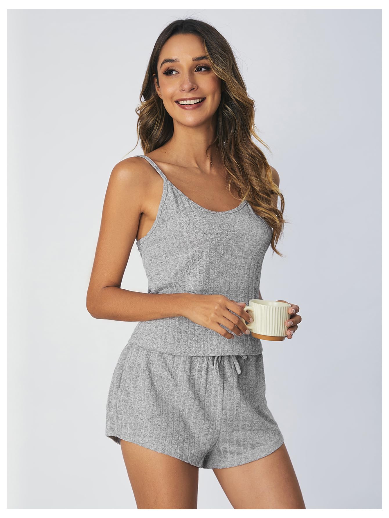 SOLY HUX Women's Ribbed Knit Pajama Set - Cami Crop Top & Shorts Sleepwear, 3-Piece Lounge Set for Women | Comfortable Nightwear for Sleep, Relaxing & Home Wear