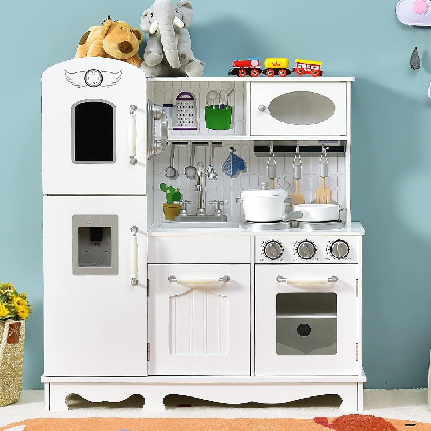 Costzon Wooden Kids Kitchen Playset with Light & Sound - Pretend Play Toy Kitchen Set with Microwave, Ice Maker, Oven & Sink - Educational Cooking Toys for Toddlers Age 3+ (Ideal for Birthday Gifts & Preschool Role Play)