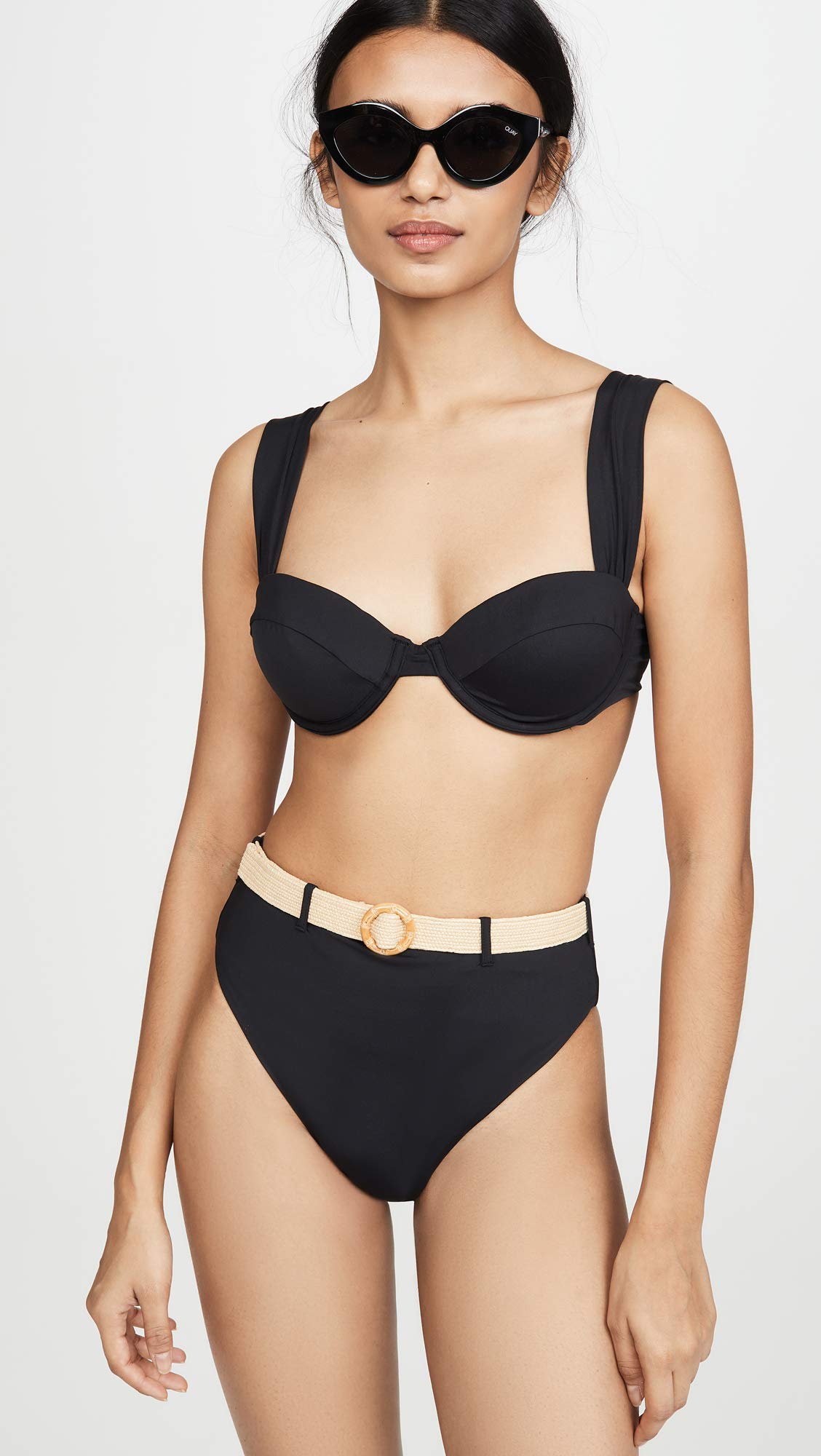 WeWoreWhat Women's Emily Bikini Bottoms - High Waisted Swimwear, Black, Medium - Perfect for Beach Vacations, Pool Parties & Summer Getaways