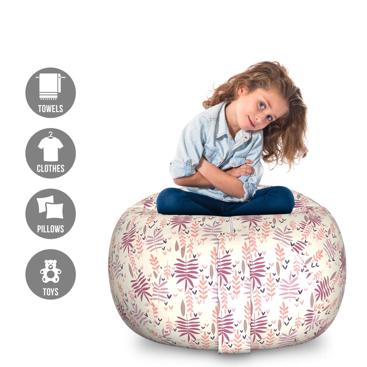 Ambesonne Large Leaf-Print Toy Storage Bag Chair - Autumn Foliage Design in Warm Earth Tones, Washable Stuffed Animal Organizer for Kids' Room, Nursery, or Playroom - Perfect for Toy Storage and Cozy Seating