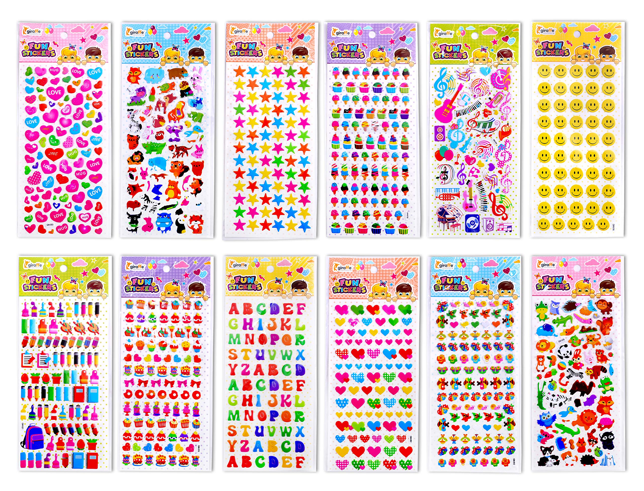 Giraffe Manufacturing 3D Puffy Stickers for Kids - Bulk Pack of 1650 Small Stickers Featuring Cars, Animals & More - Perfect for Scrapbooking, DIY Crafts & Classroom Activities | Fun Educational Stickers for Toddlers & Preschoolers