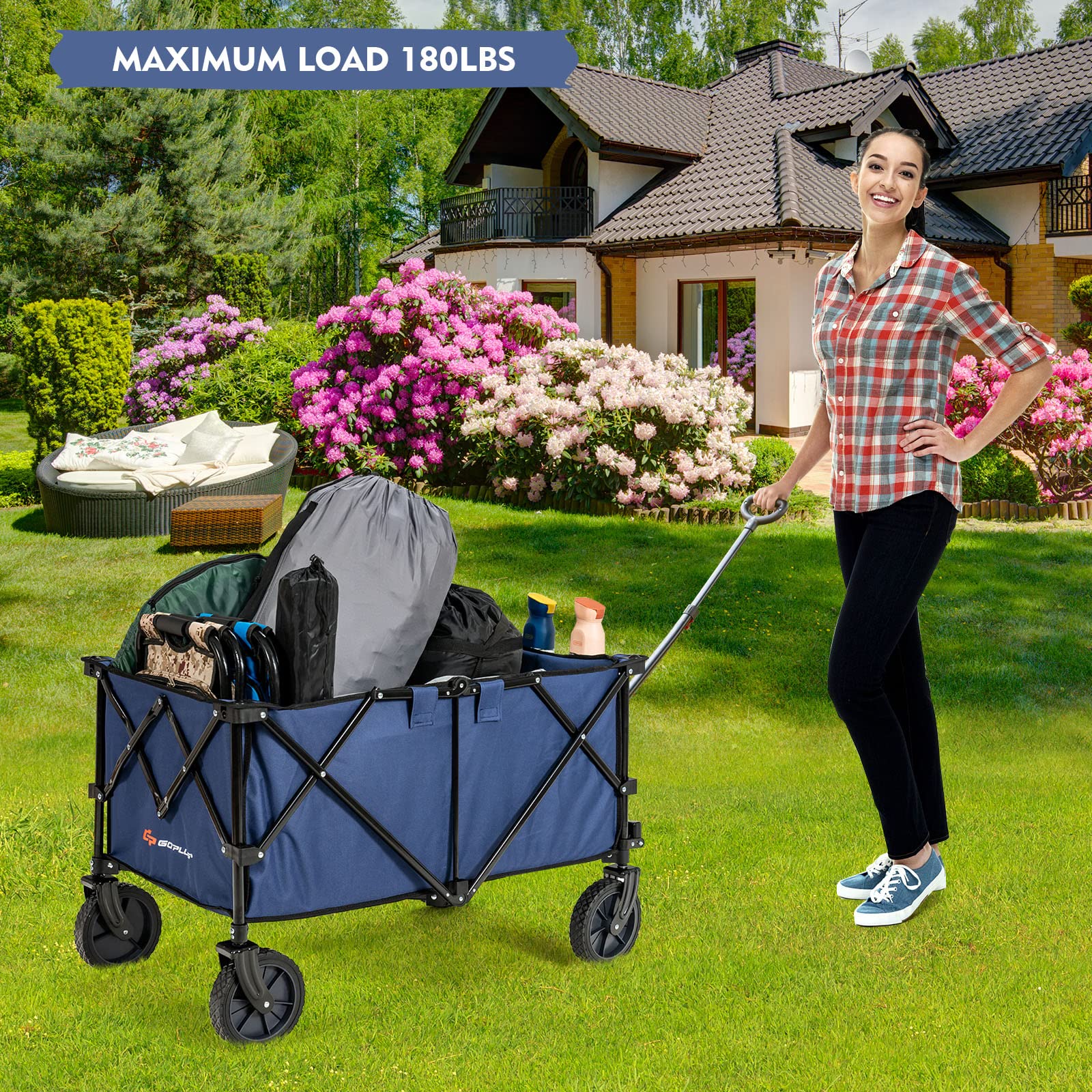 Goplus Collapsible Wagon Cart with Universal Wheels, Adjustable Handle & Storage Bag - Heavy Duty Folding Utility Wagon for Grocery Shopping, Camping, Beach, Gardening & Outdoor Activities (Navy Blue)