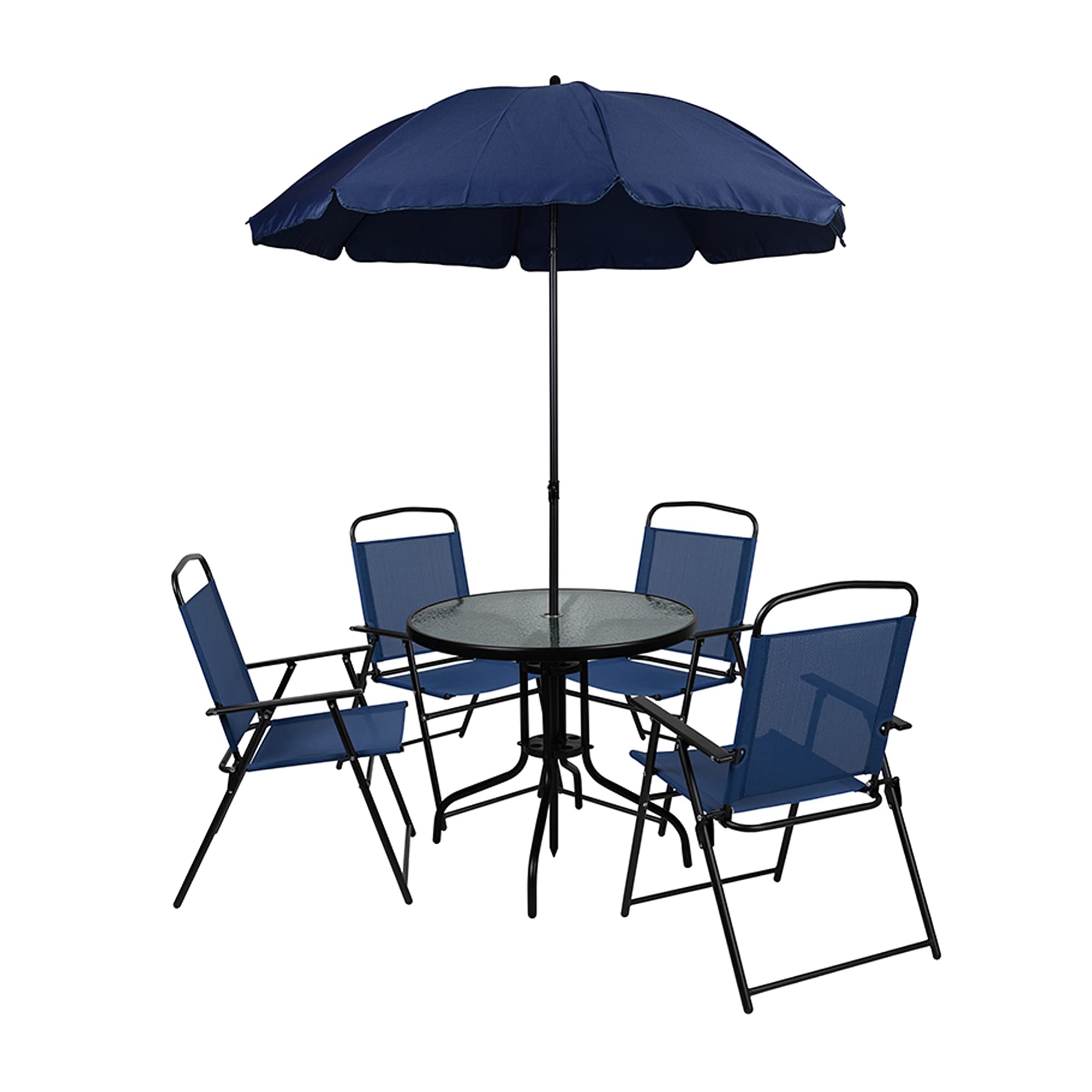 Flash Furniture Nantucket 6-Piece Patio Dining Set with Tempered Glass Table, 4 Folding Chairs & Sun Umbrella - Navy Blue Outdoor Furniture for Backyard, Garden, Poolside & Deck Dining